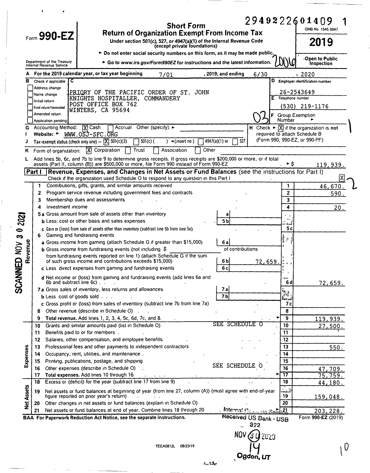 Image of first page of 2019 Form 990EZ for Priory of the Pacific Order of St John Knights Hospitaller Commandery