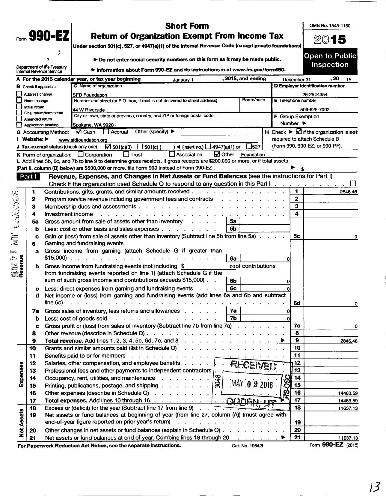 Image of first page of 2015 Form 990EZ for Spokane Fire Department Foundation