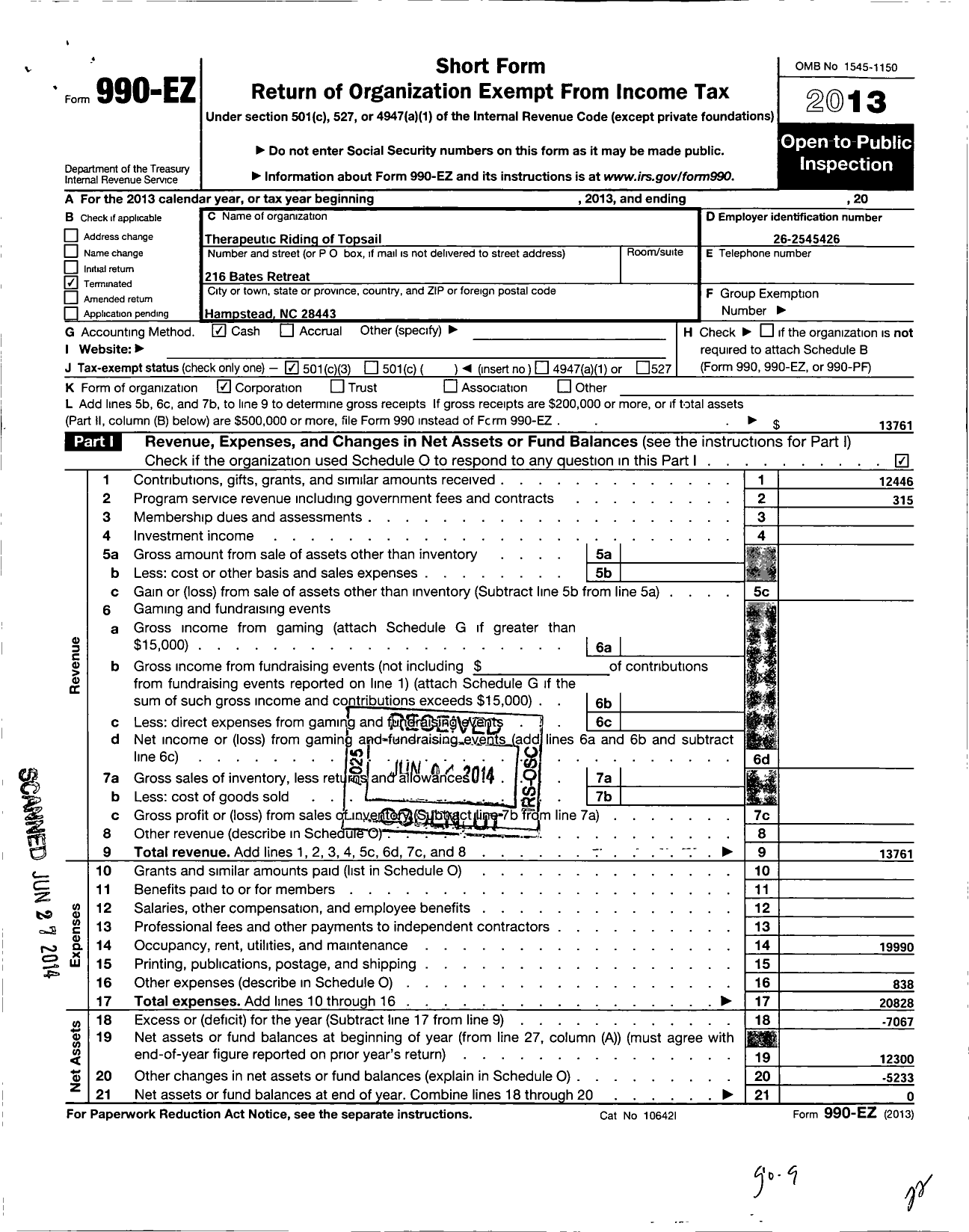 Image of first page of 2013 Form 990EZ for Oklahoma Home and Community Education / Carter County Triangle Group