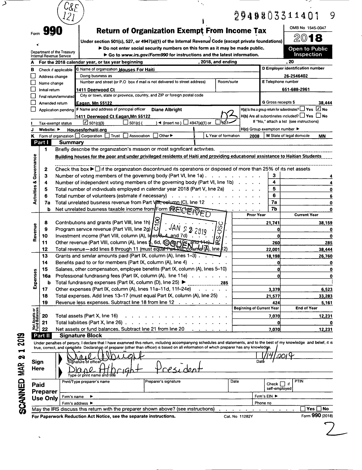 Image of first page of 2018 Form 990 for Houses for Haiti