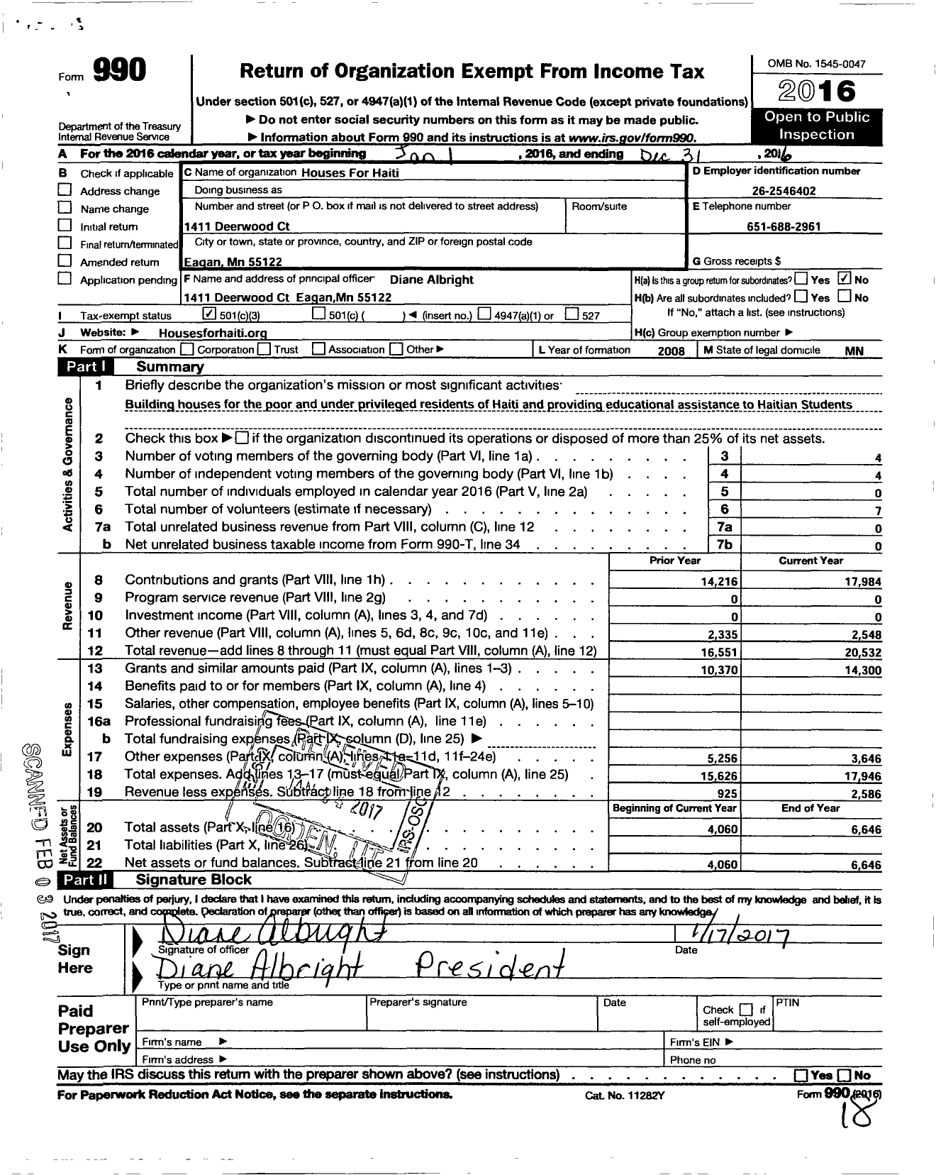 Image of first page of 2016 Form 990 for Houses for Haiti