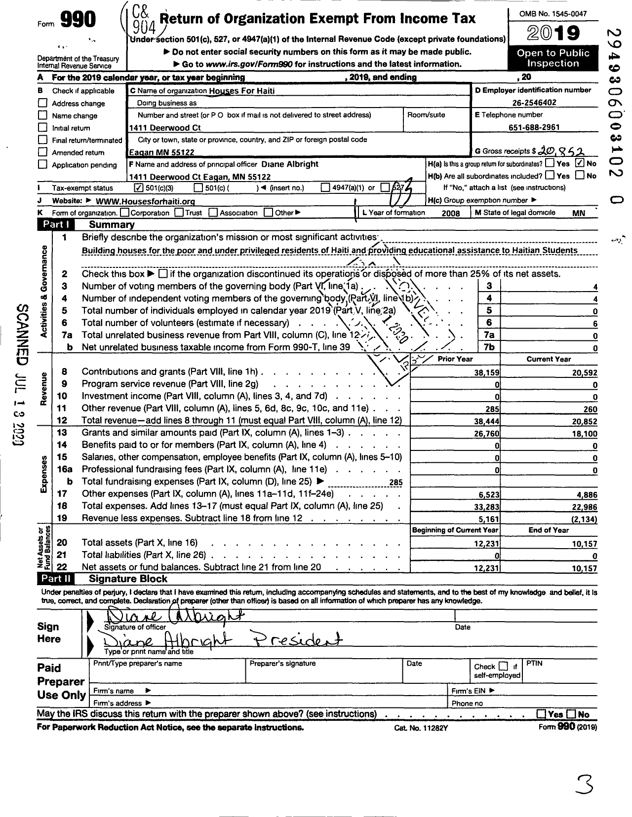 Image of first page of 2019 Form 990 for Houses for Haiti