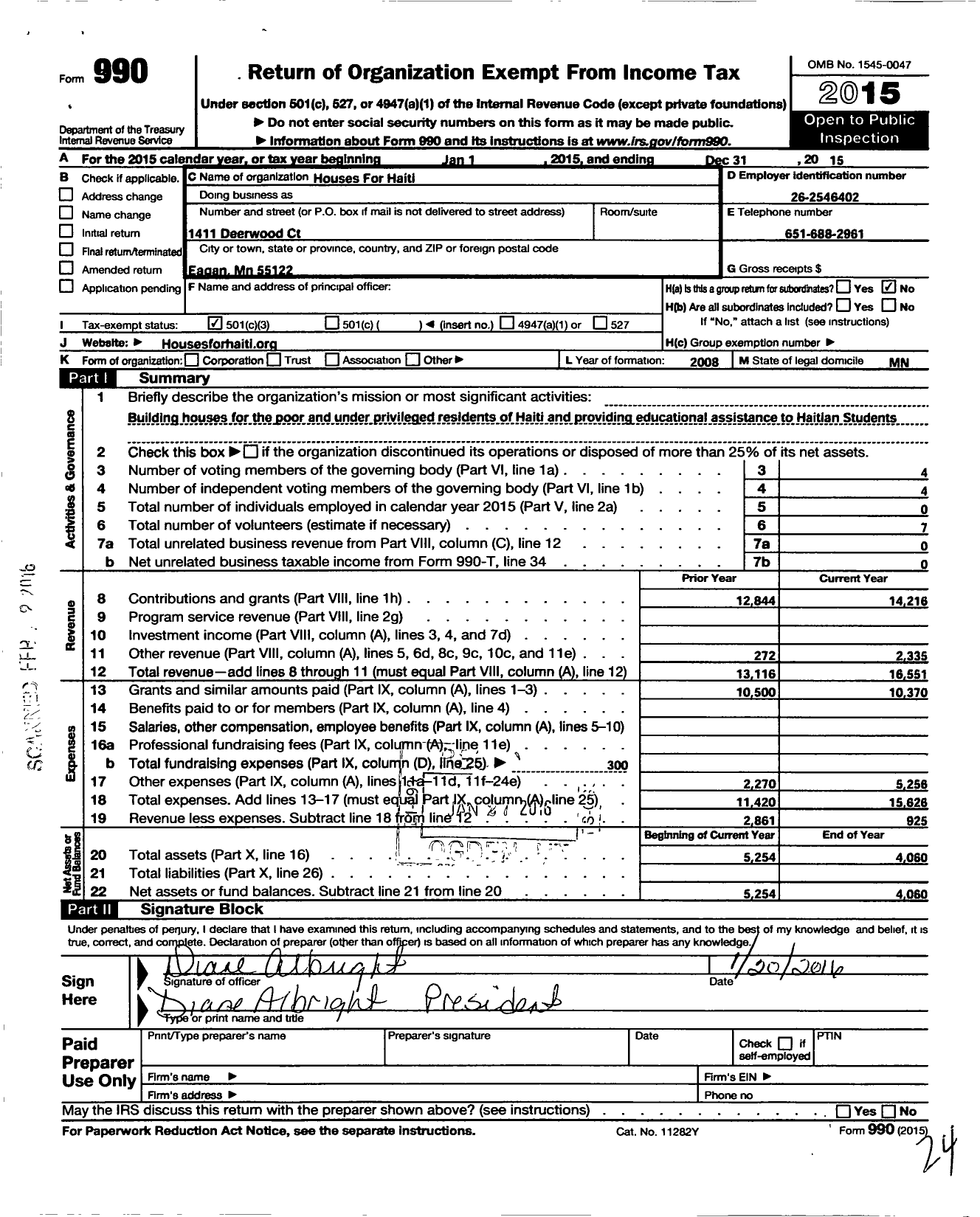 Image of first page of 2015 Form 990 for Houses for Haiti