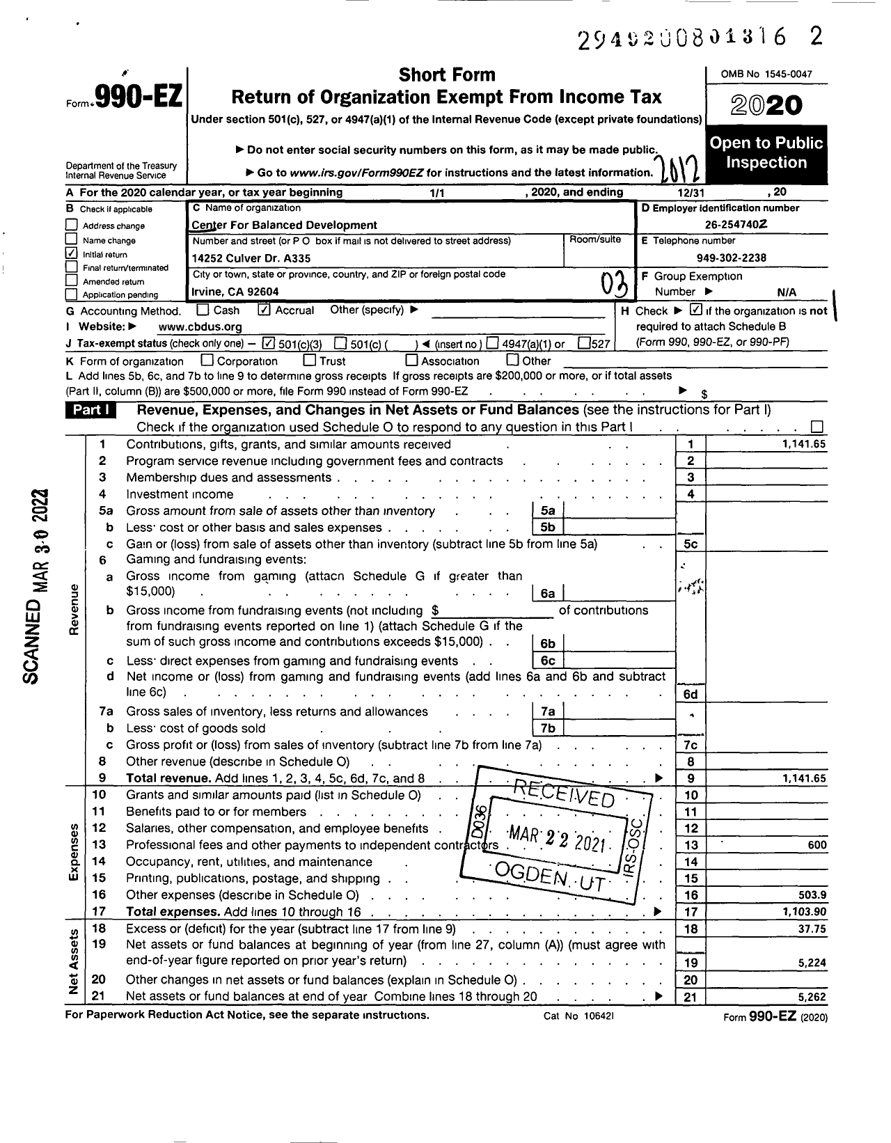 Image of first page of 2020 Form 990EZ for Center for Balanced Development