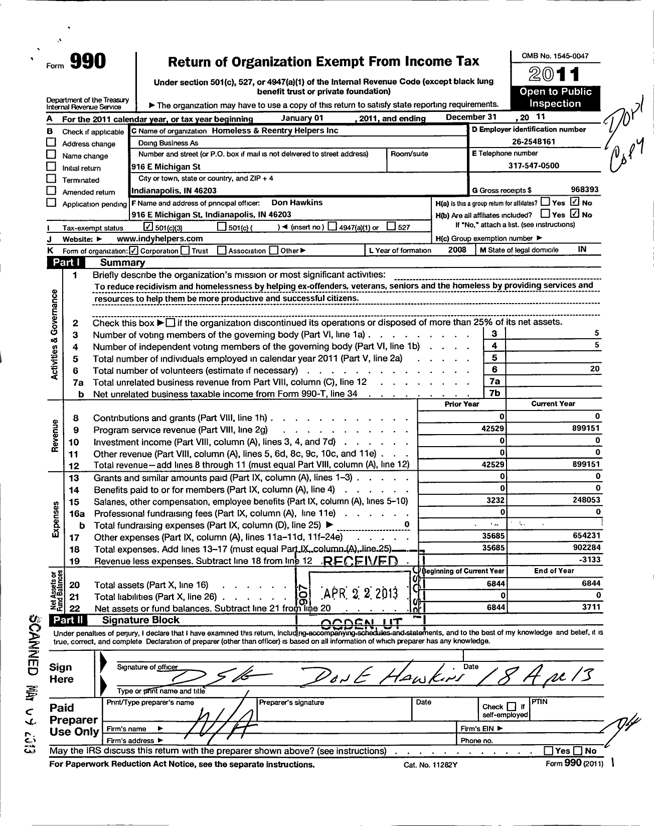 Image of first page of 2011 Form 990 for Homeless and Reentry Helpers