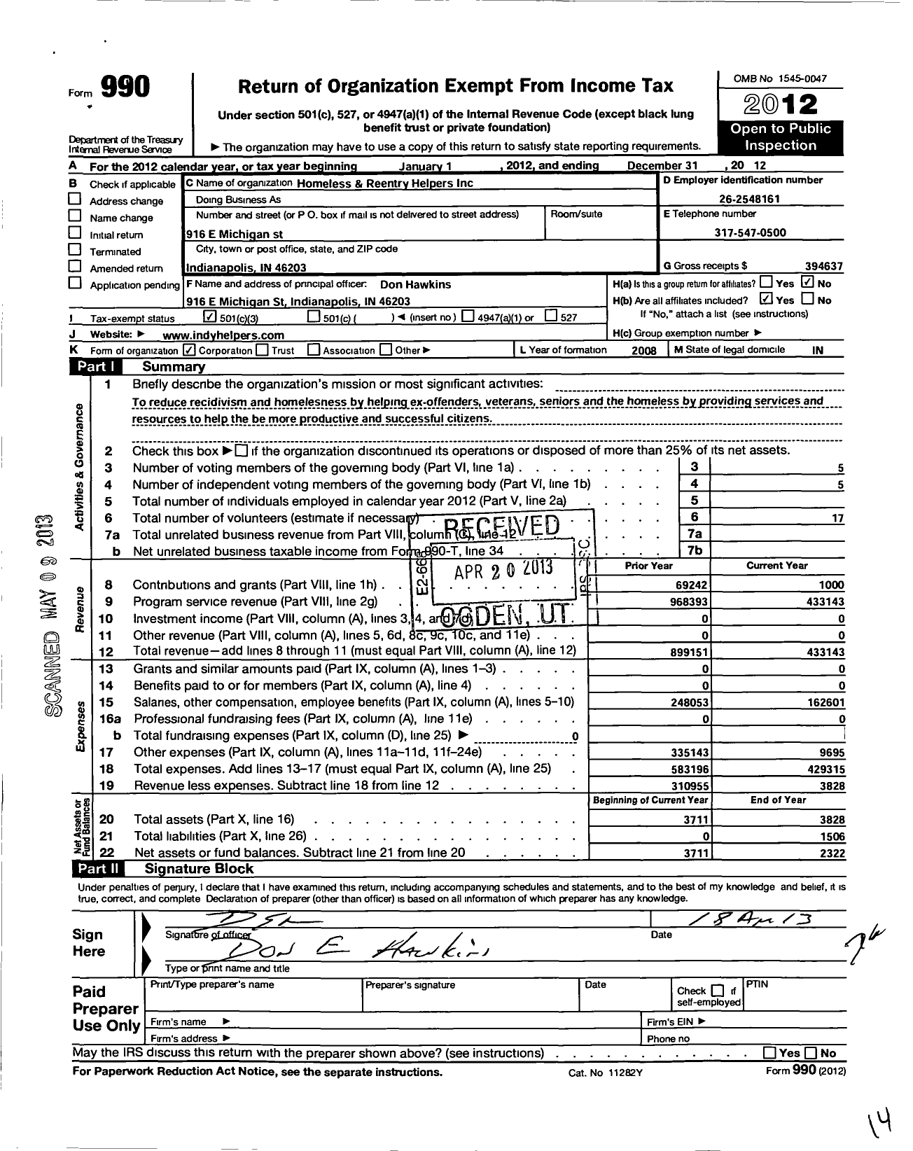 Image of first page of 2012 Form 990 for Homeless and Reentry Helpers