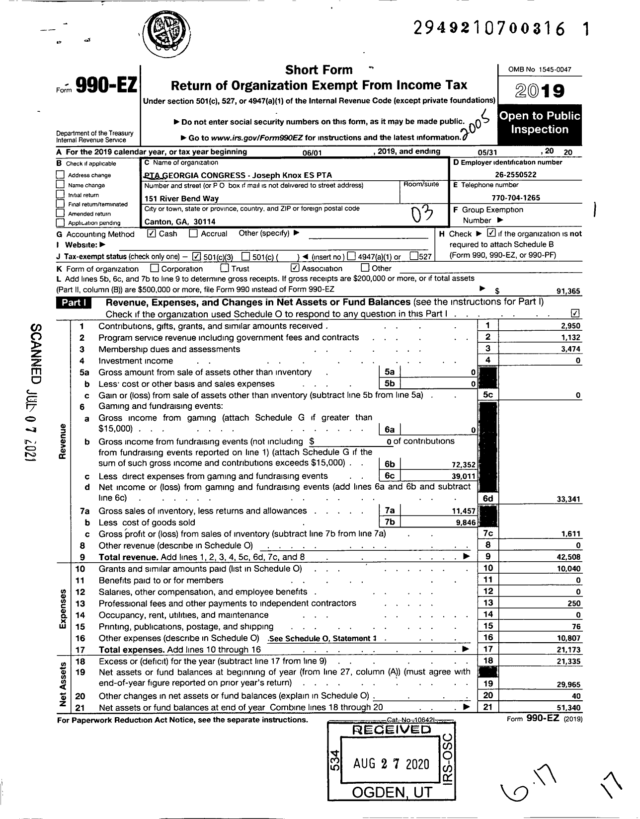 Image of first page of 2019 Form 990EZ for GEORGIA PTA - Joseph Knox Es PTA