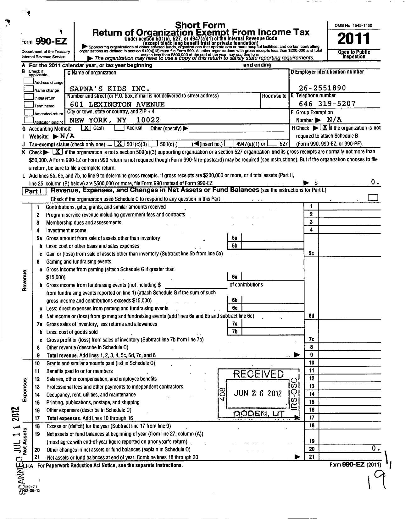 Image of first page of 2011 Form 990EZ for Sapna's Kids