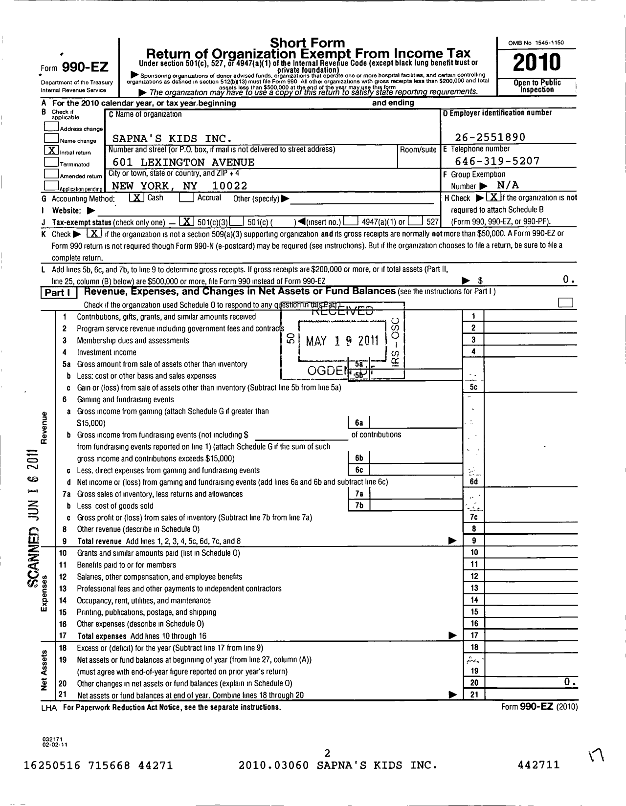 Image of first page of 2010 Form 990EZ for Sapna's Kids