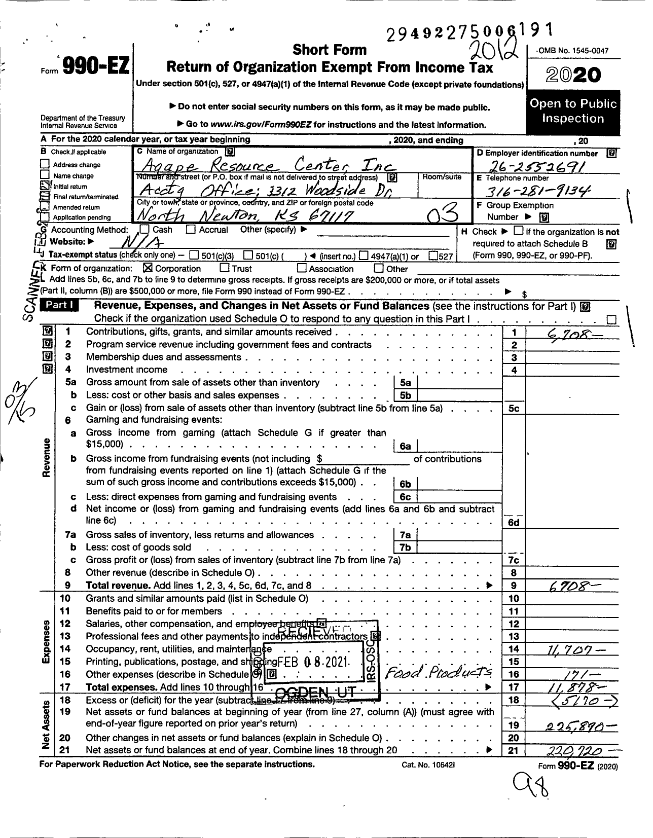 Image of first page of 2020 Form 990EZ for Agape Resource Center