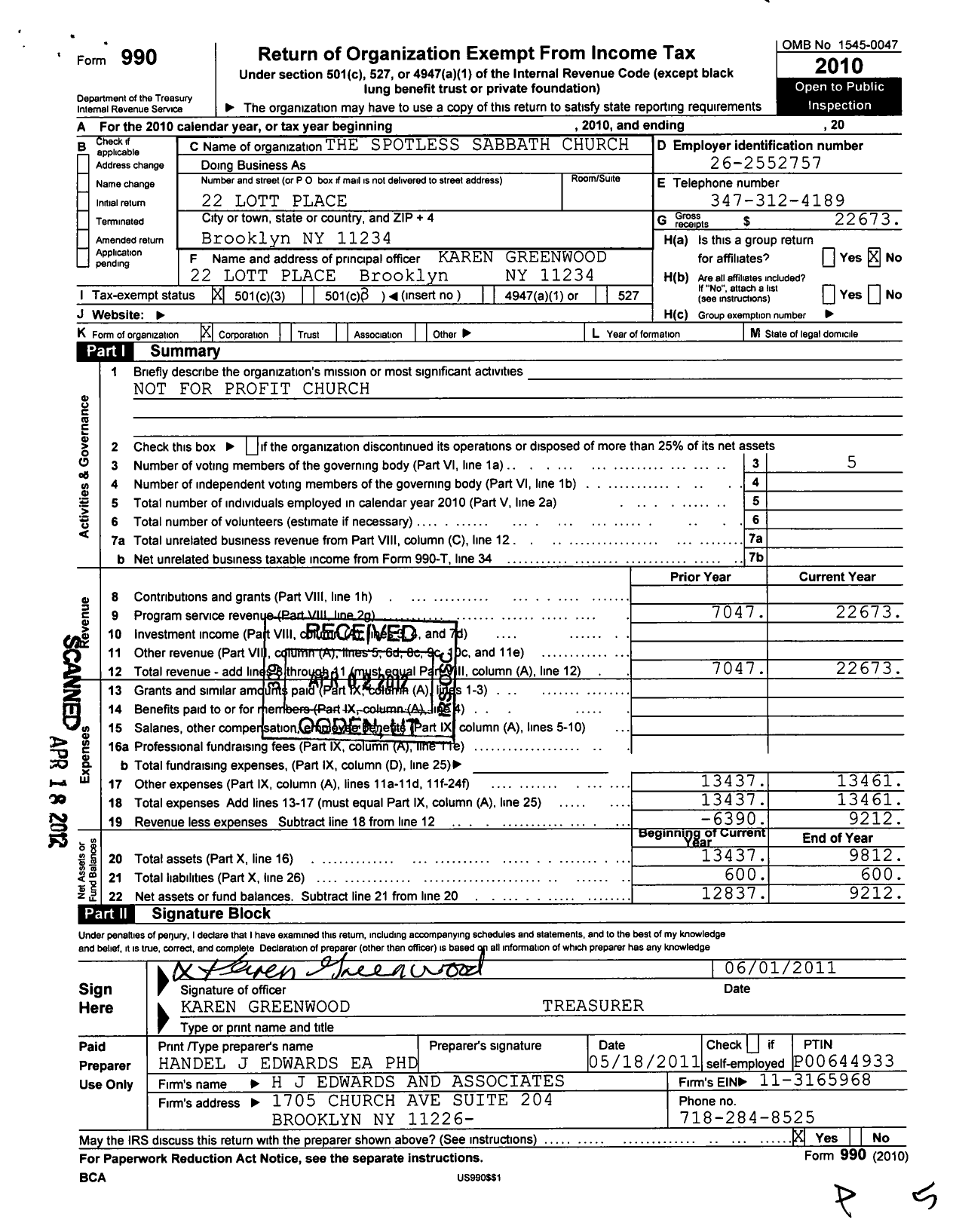 Image of first page of 2010 Form 990 for Spotless Sabbath Church