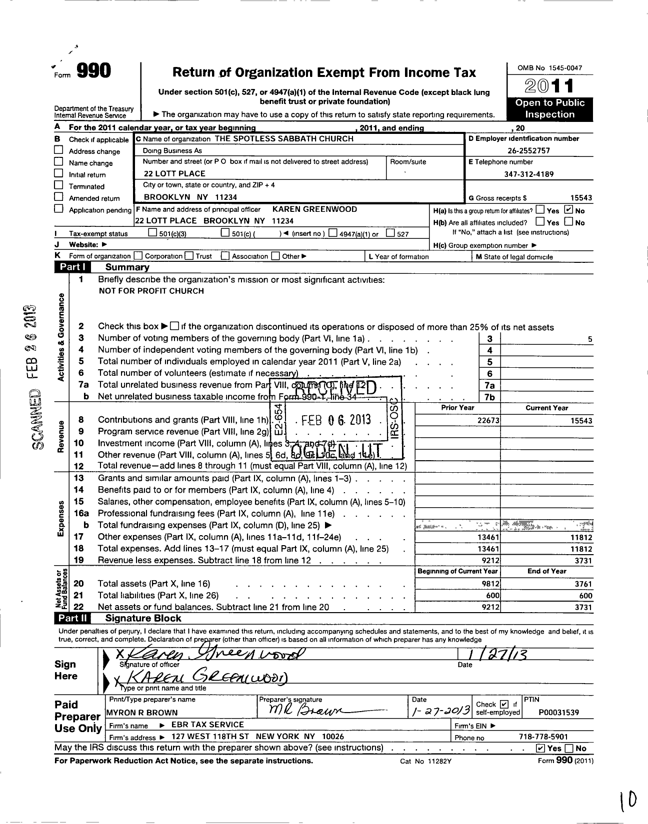 Image of first page of 2011 Form 990O for Spotless Sabbath Church