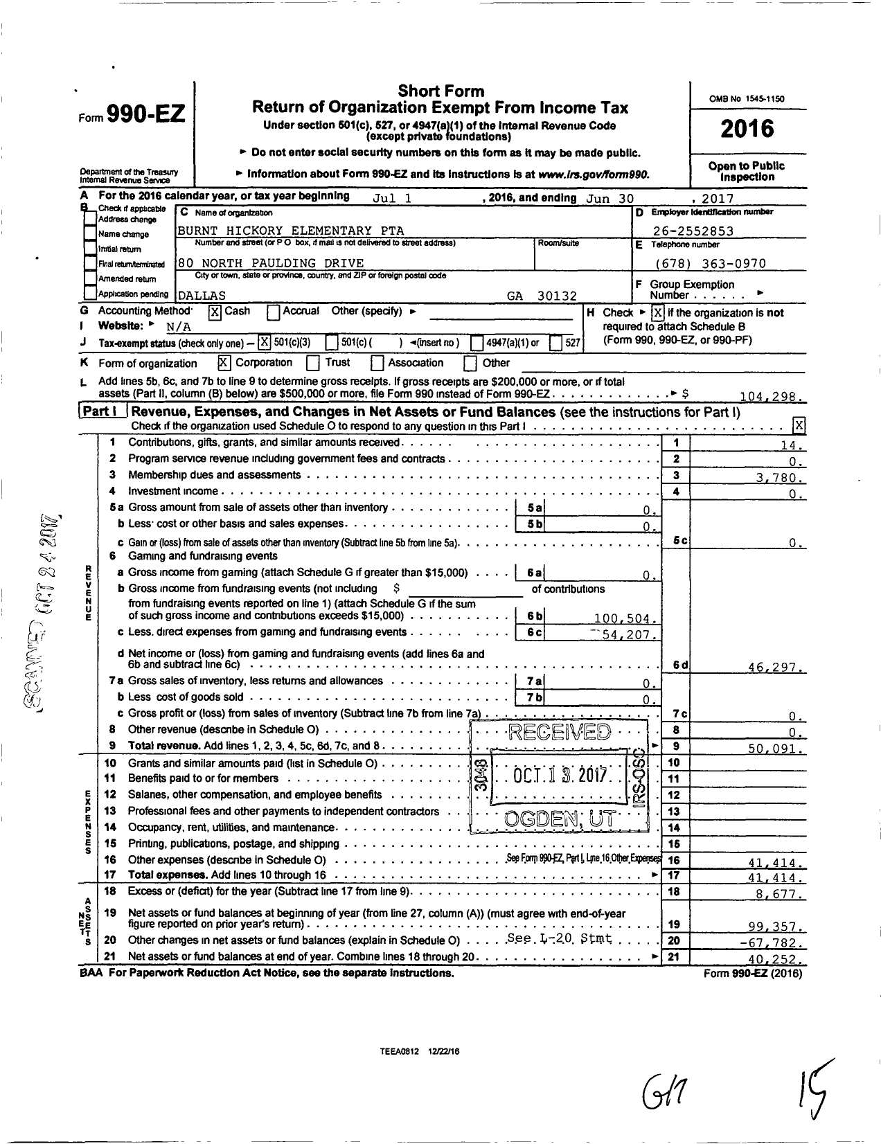 Image of first page of 2016 Form 990EZ for GEORGIA PTA - Burnt Hickory E S PTA