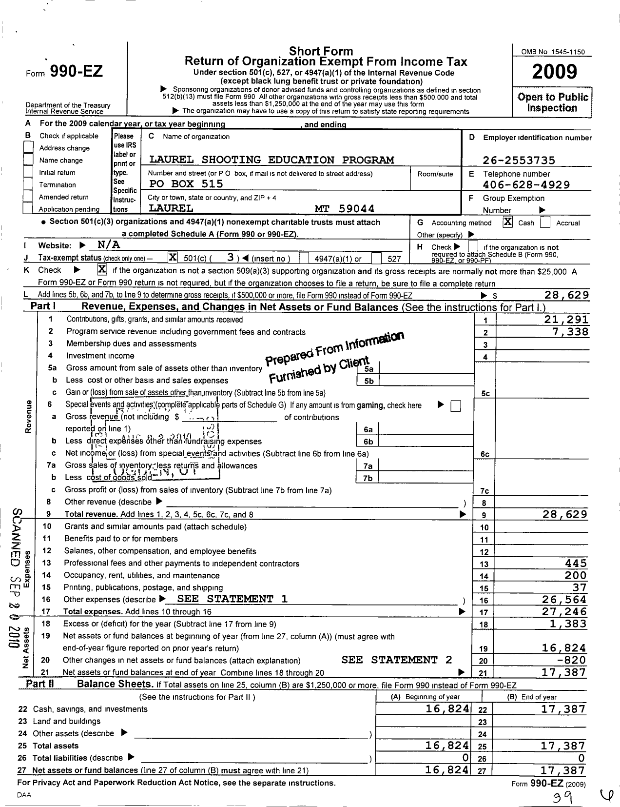 Image of first page of 2009 Form 990EZ for Laurel Shooting Education Program (LSEP)