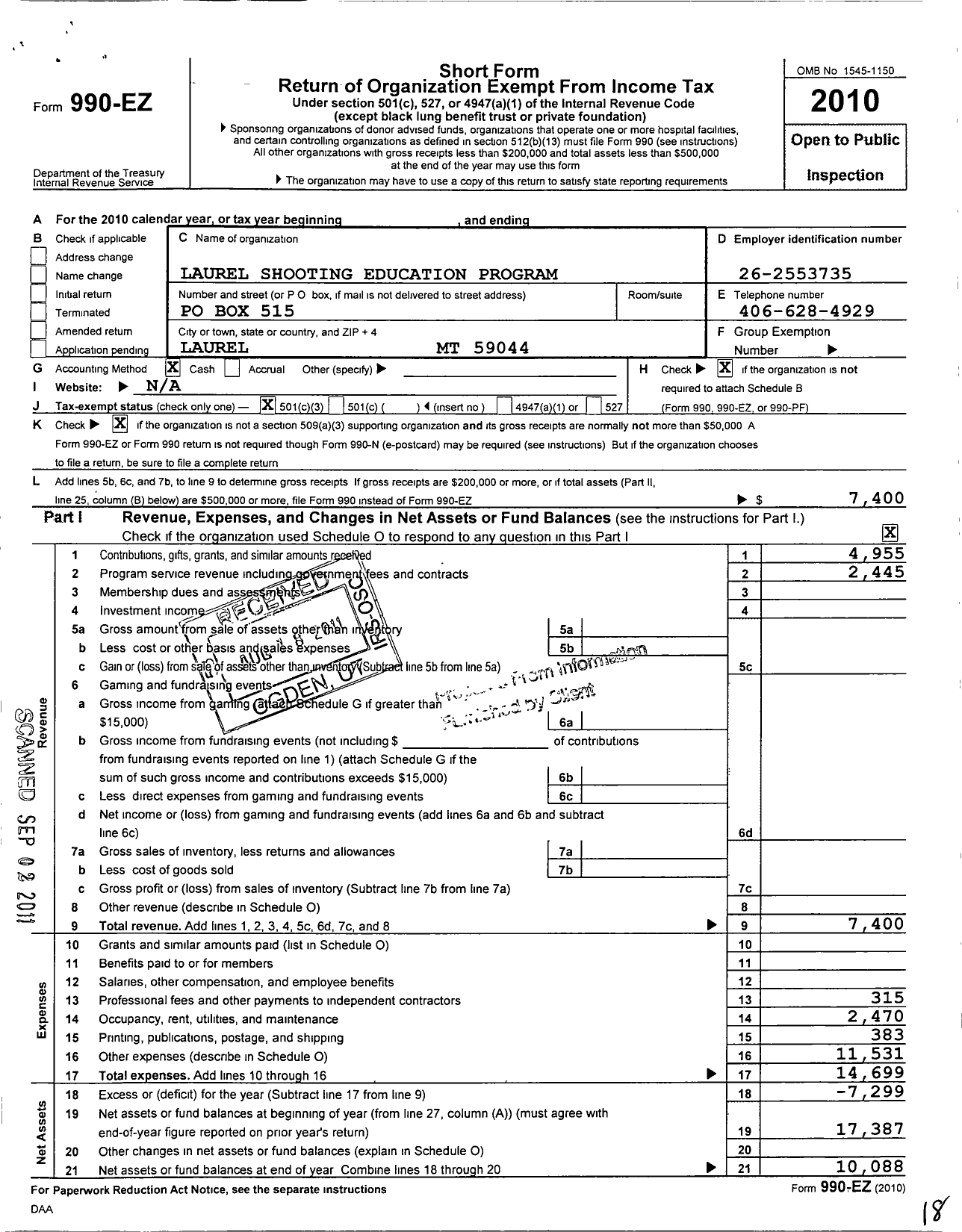 Image of first page of 2010 Form 990EZ for Laurel Shooting Education Program (LSEP)