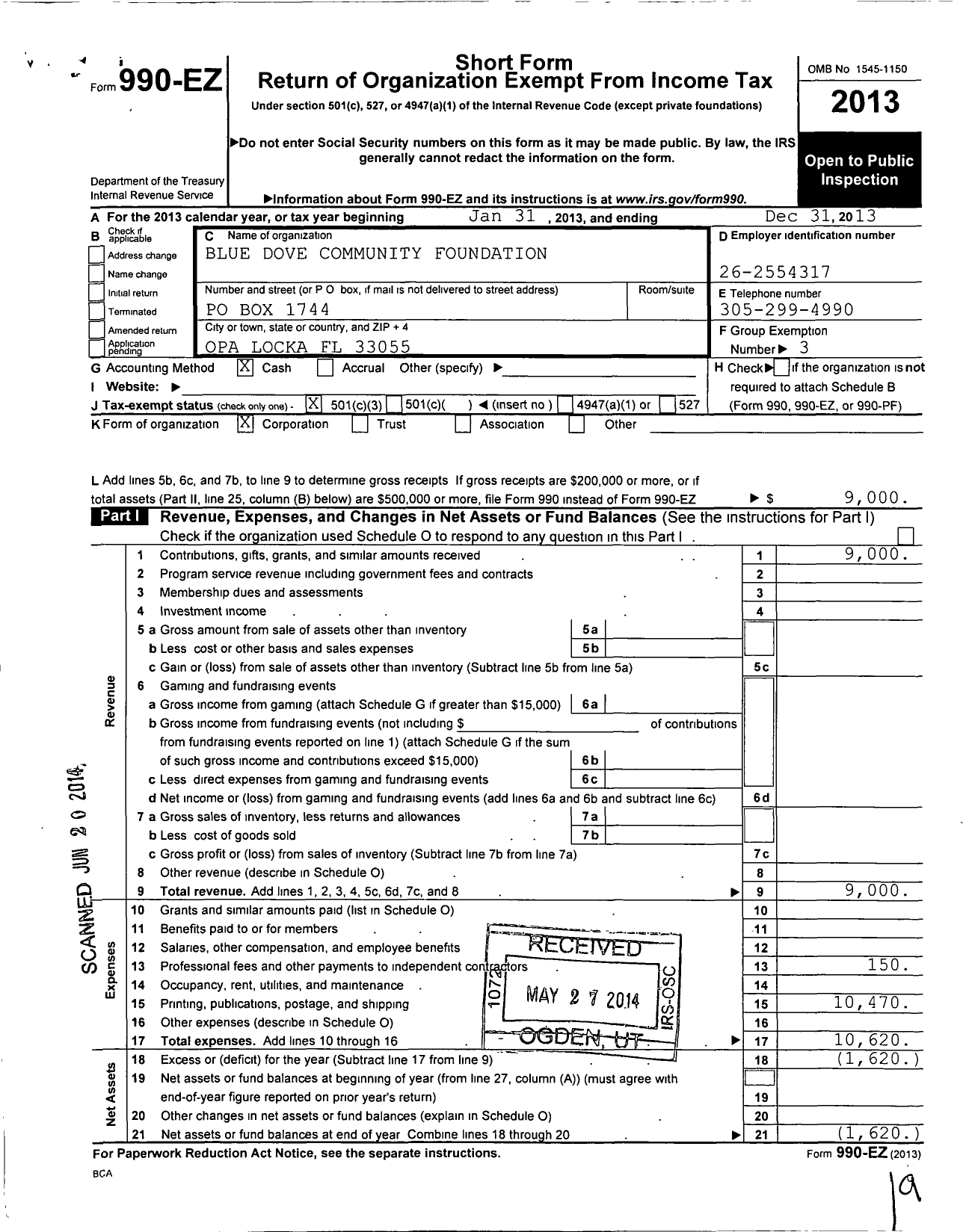 Image of first page of 2013 Form 990EZ for Blue Dove Community Foundation