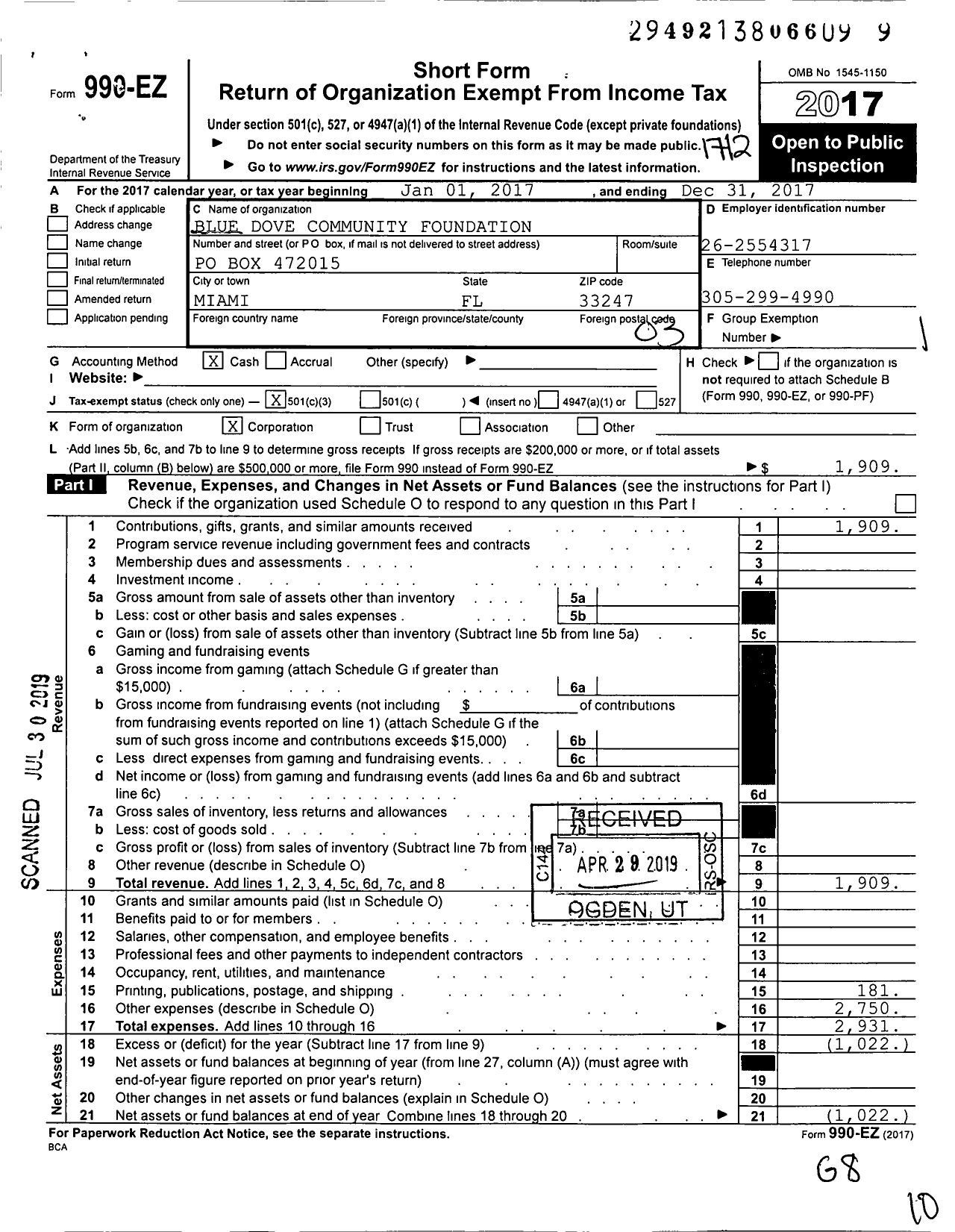 Image of first page of 2017 Form 990EZ for Blue Dove Community Foundation