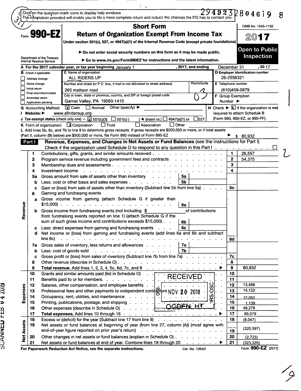 Image of first page of 2017 Form 990EZ for All Riders Up