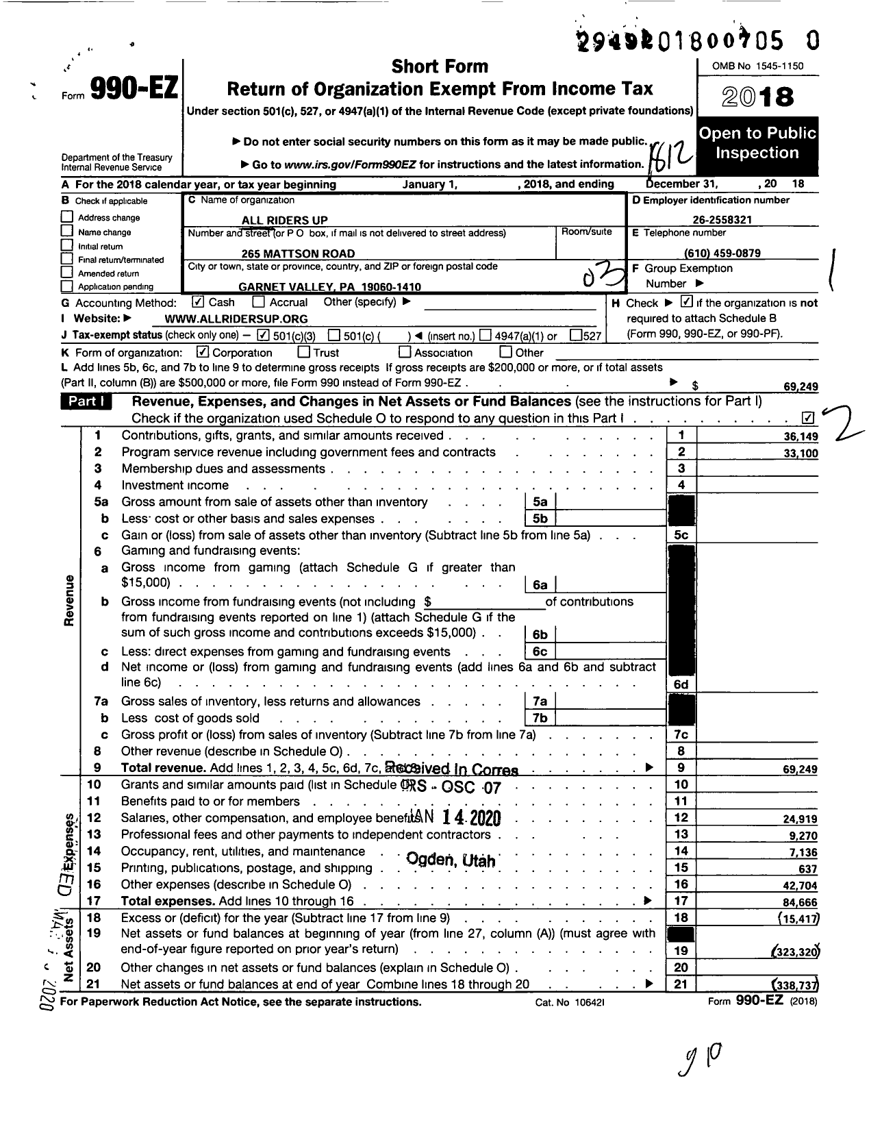 Image of first page of 2018 Form 990EZ for All Riders Up