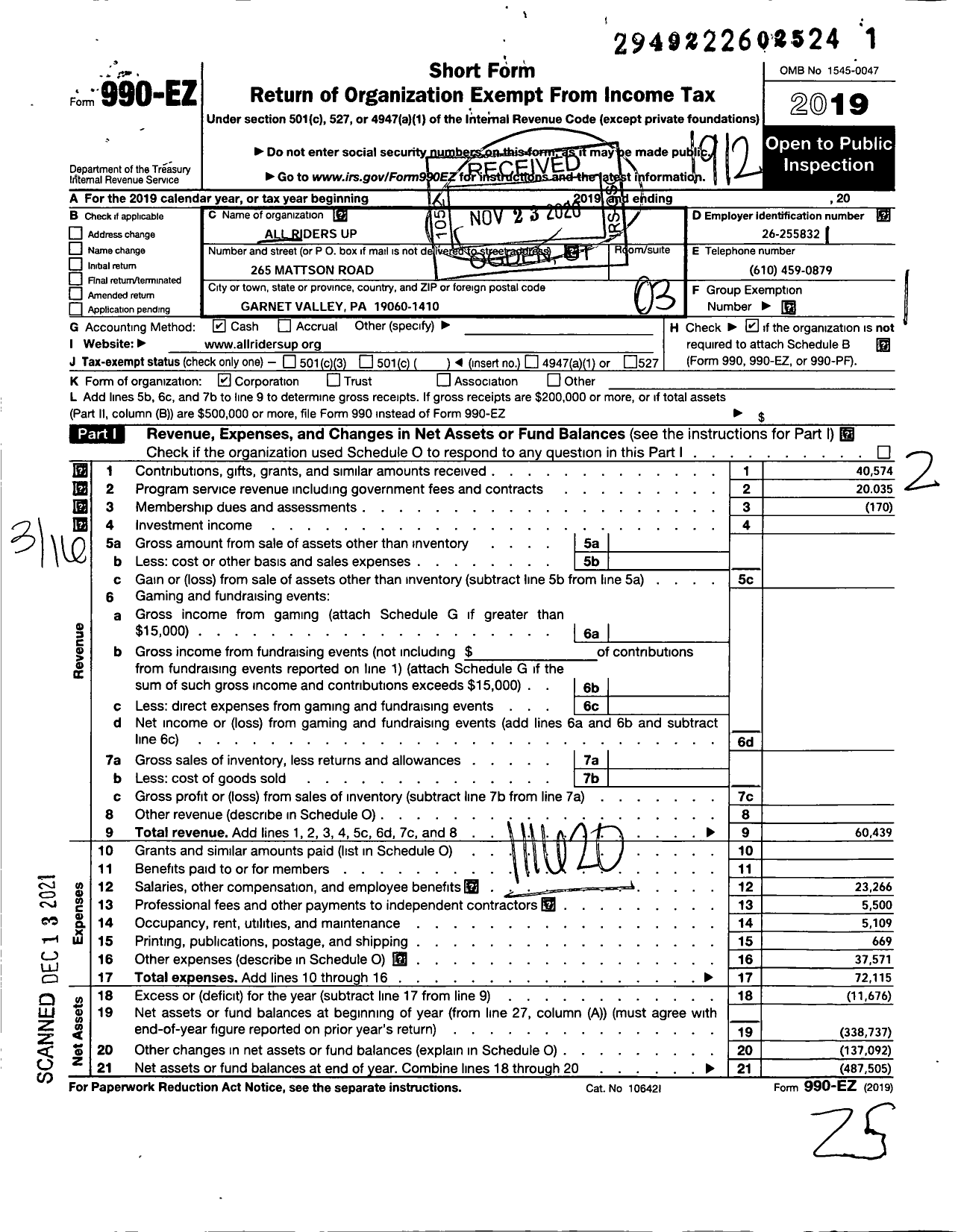 Image of first page of 2019 Form 990EZ for All Riders Up