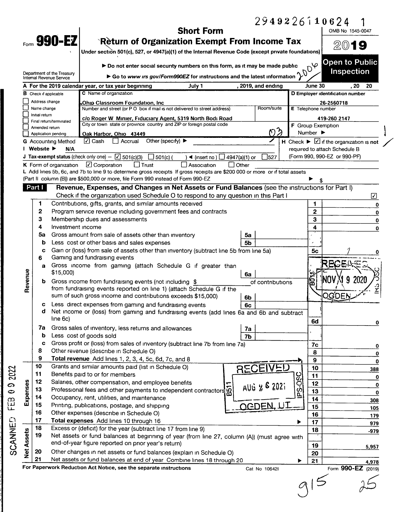 Image of first page of 2019 Form 990EZ for OHIO CLASsROOM FOUNDATION