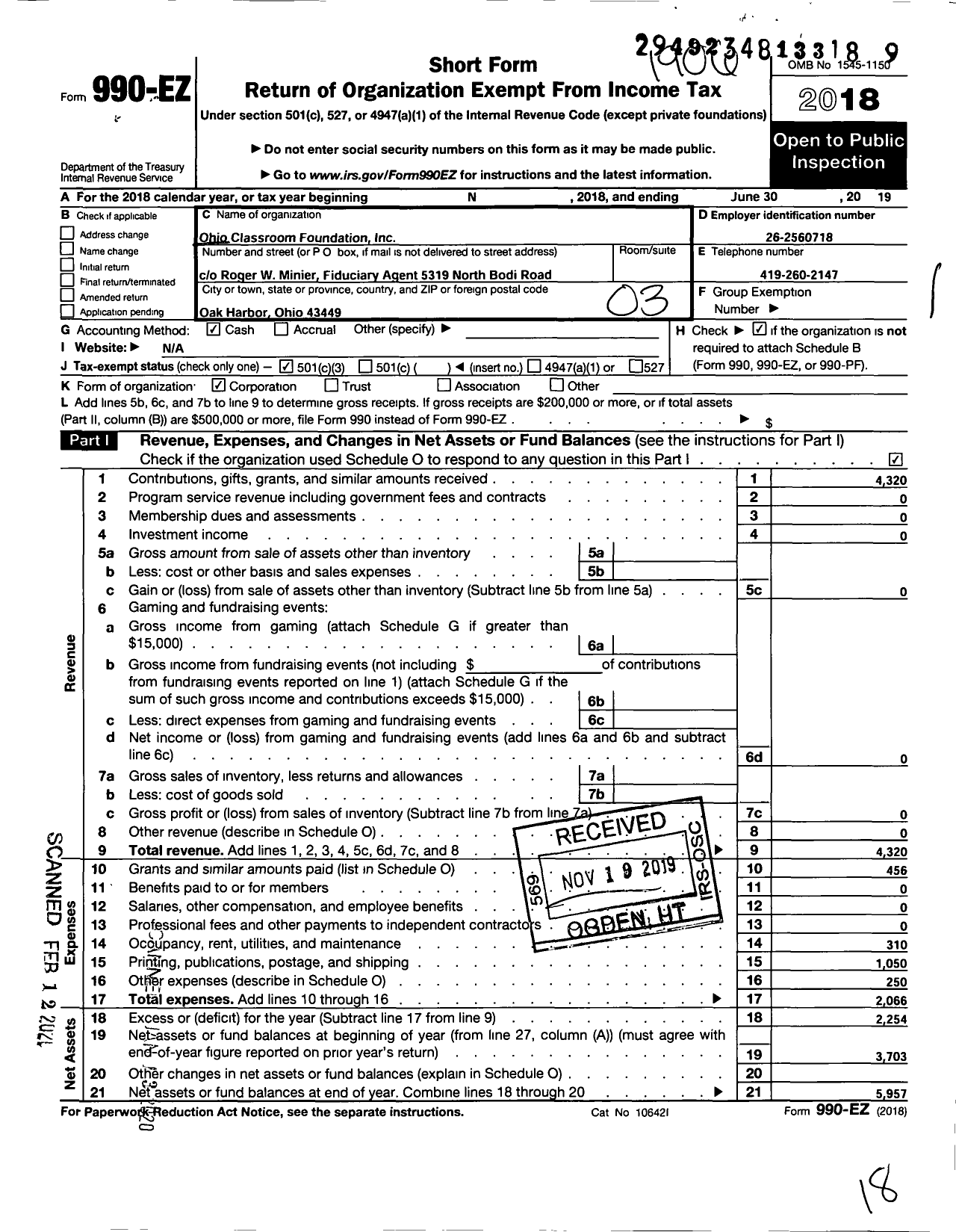 Image of first page of 2018 Form 990EZ for OHIO CLASsROOM FOUNDATION