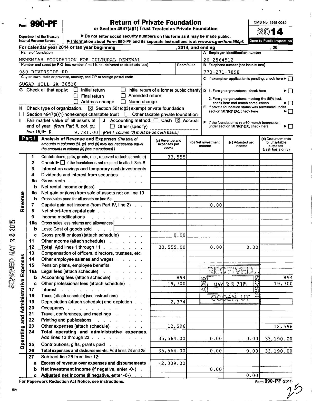 Image of first page of 2014 Form 990PF for Nehemiah Foundation for Cultural Renewal