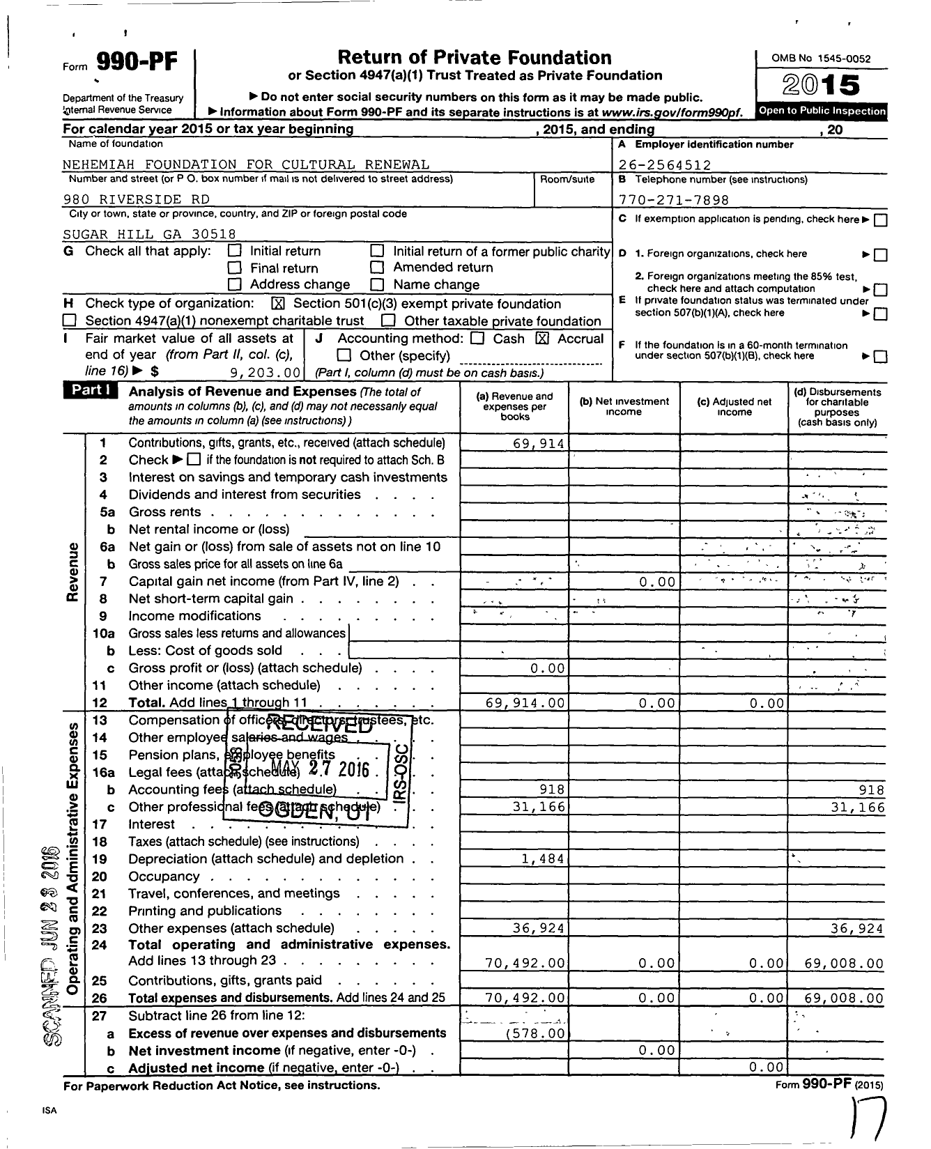 Image of first page of 2015 Form 990PF for Nehemiah Foundation for Cultural Renewal