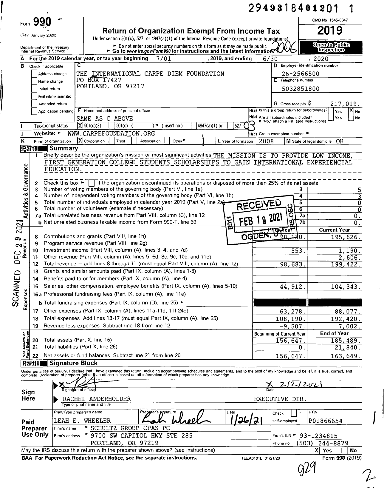 Image of first page of 2019 Form 990 for The International Carpe Diem Foundation