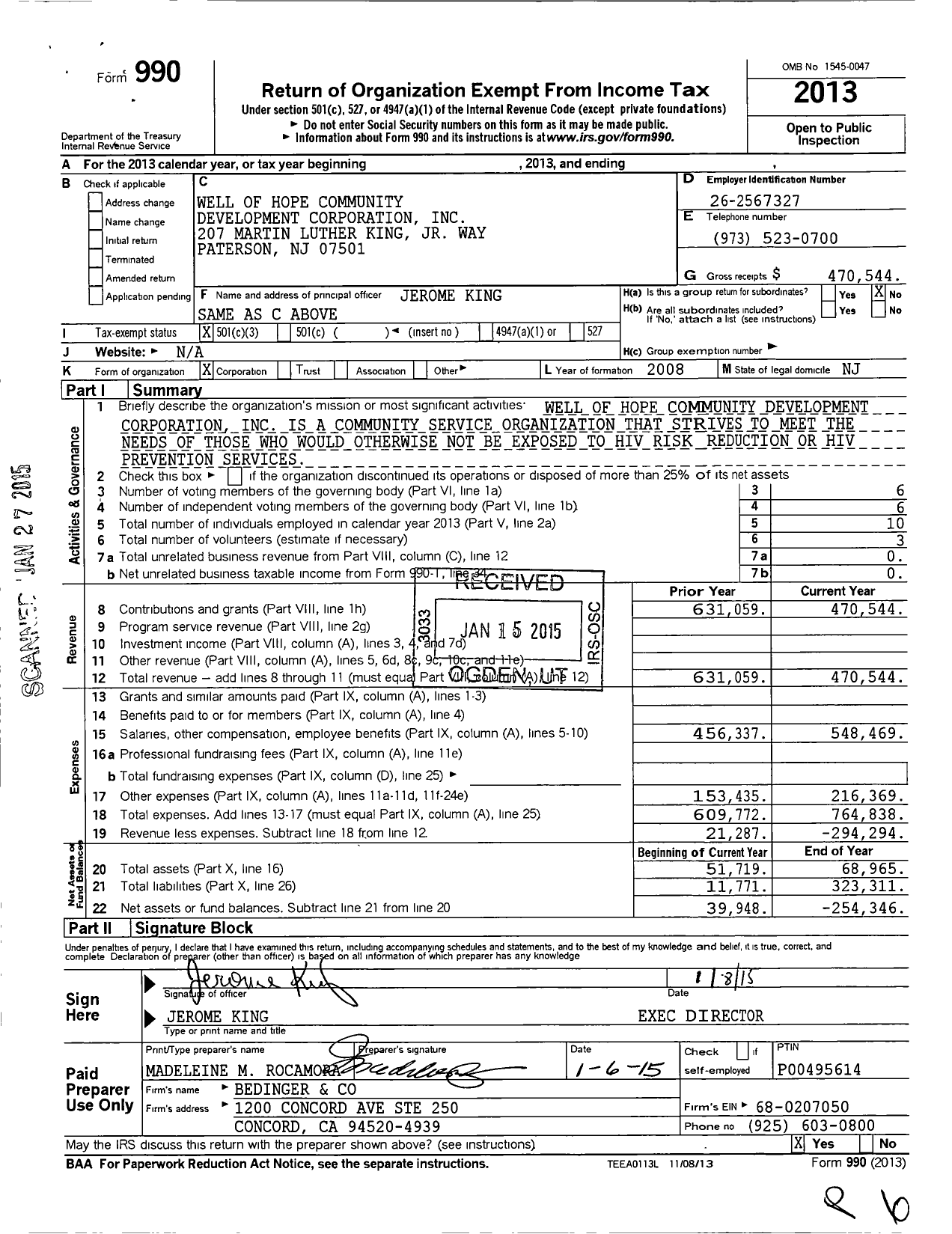 Image of first page of 2013 Form 990 for Well of Hope Community Development Corporation