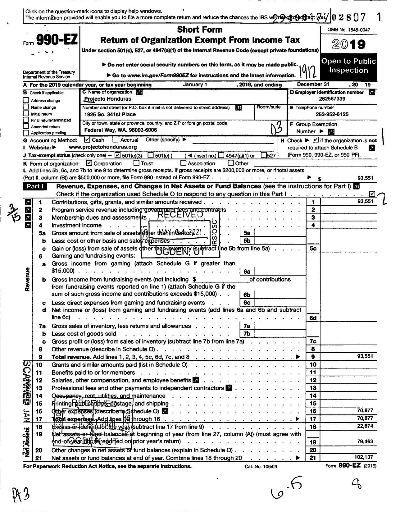 Image of first page of 2019 Form 990EZ for Projecto Honduras