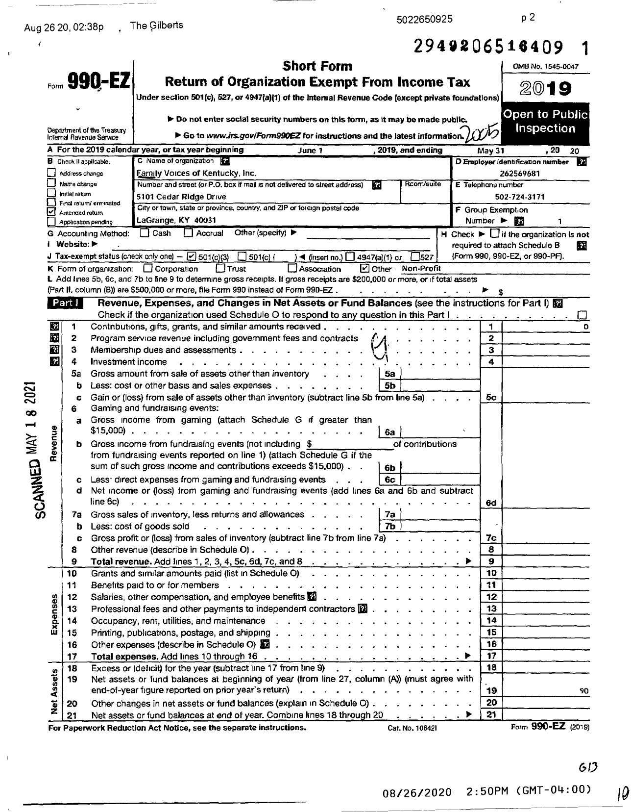 Image of first page of 2019 Form 990EZ for Family Voices of Kentucky