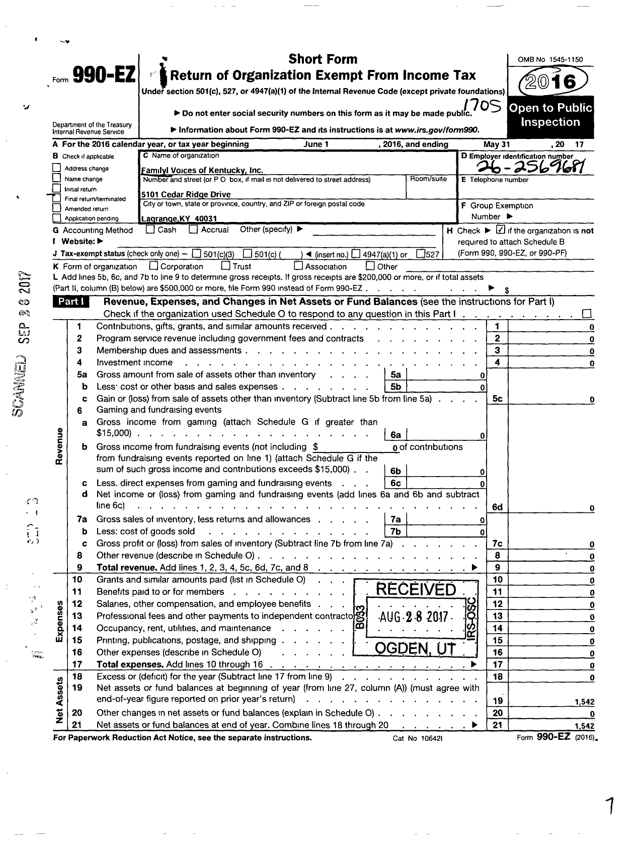 Image of first page of 2016 Form 990EO for Family Voices of Kentucky