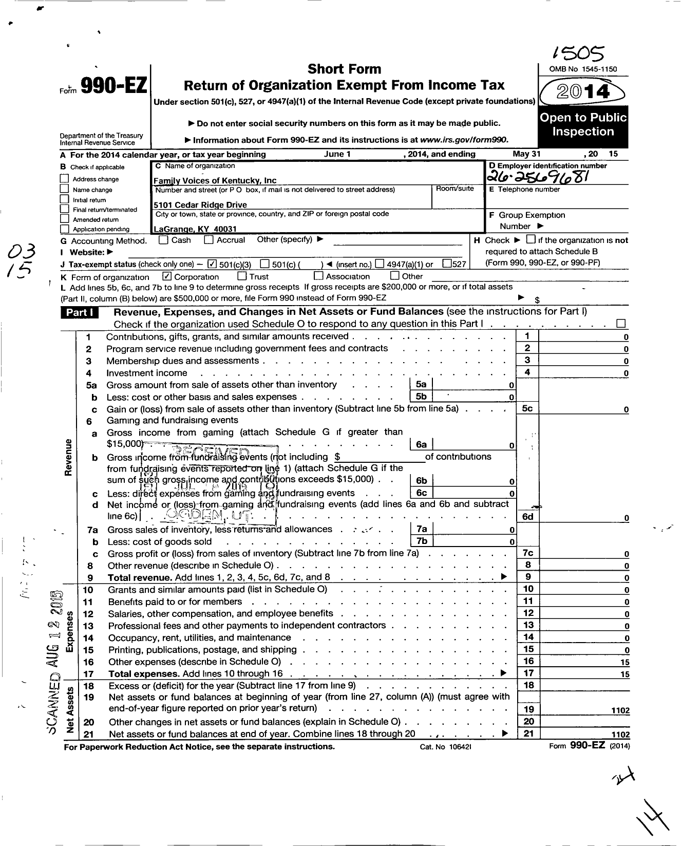 Image of first page of 2014 Form 990EZ for Family Voices of Kentucky