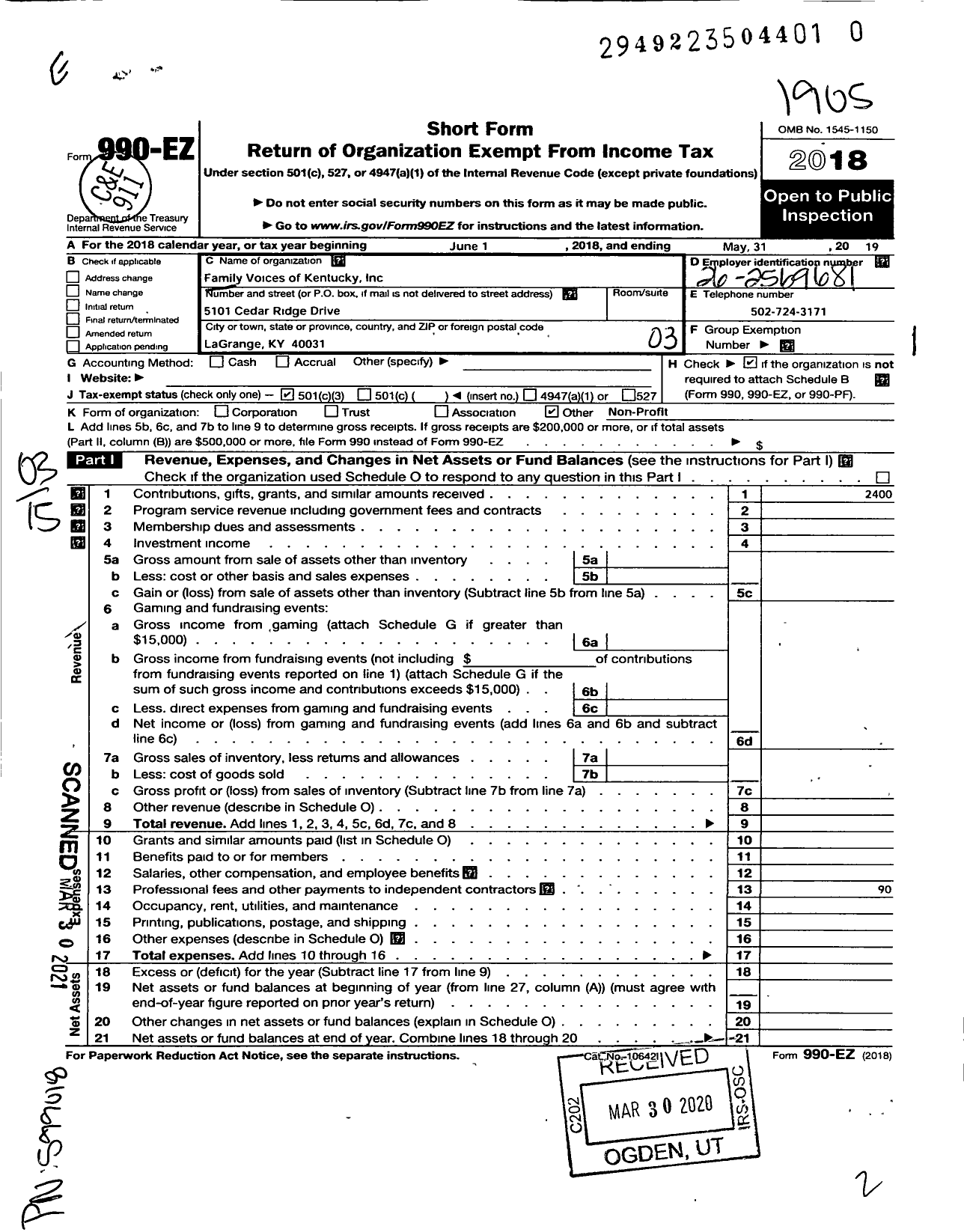 Image of first page of 2018 Form 990EZ for Family Voices of Kentucky