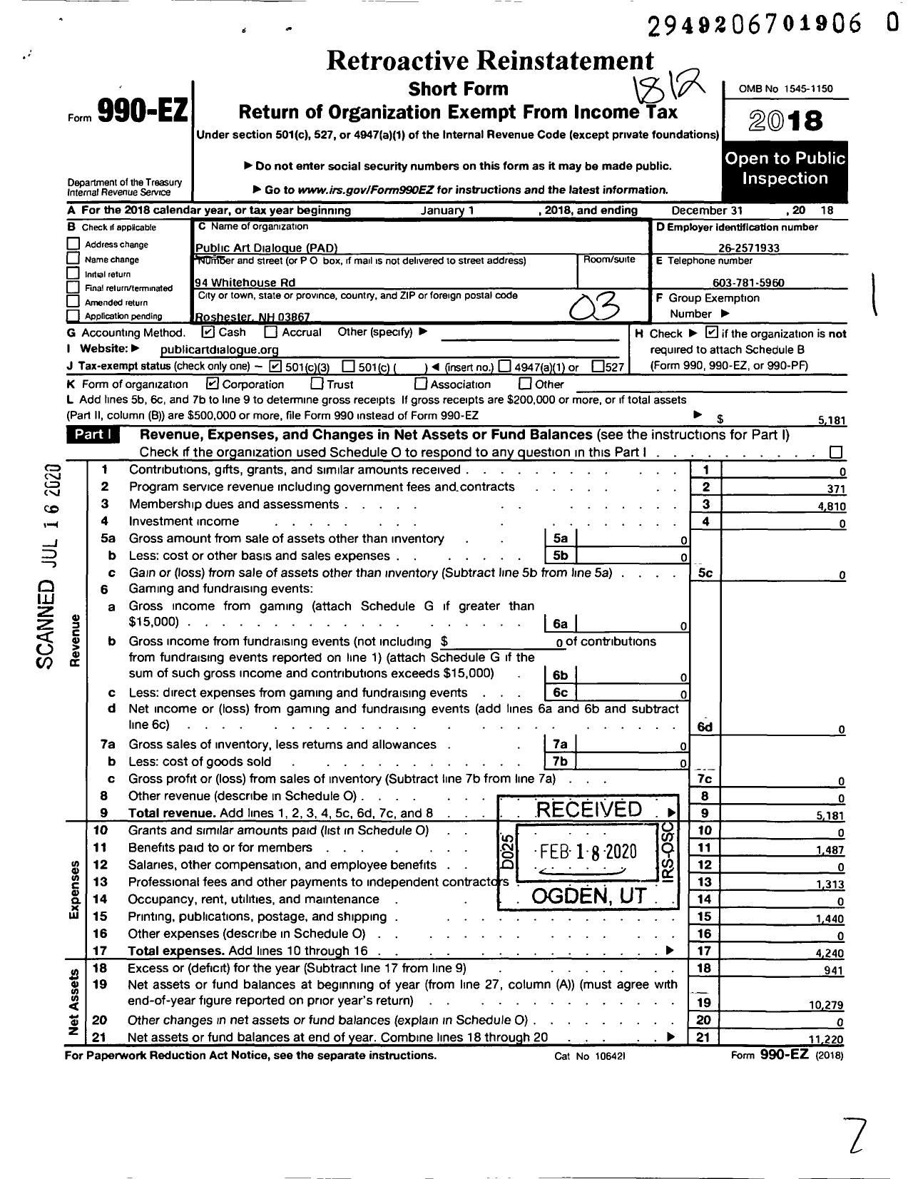 Image of first page of 2018 Form 990EZ for Public Art Dialogue