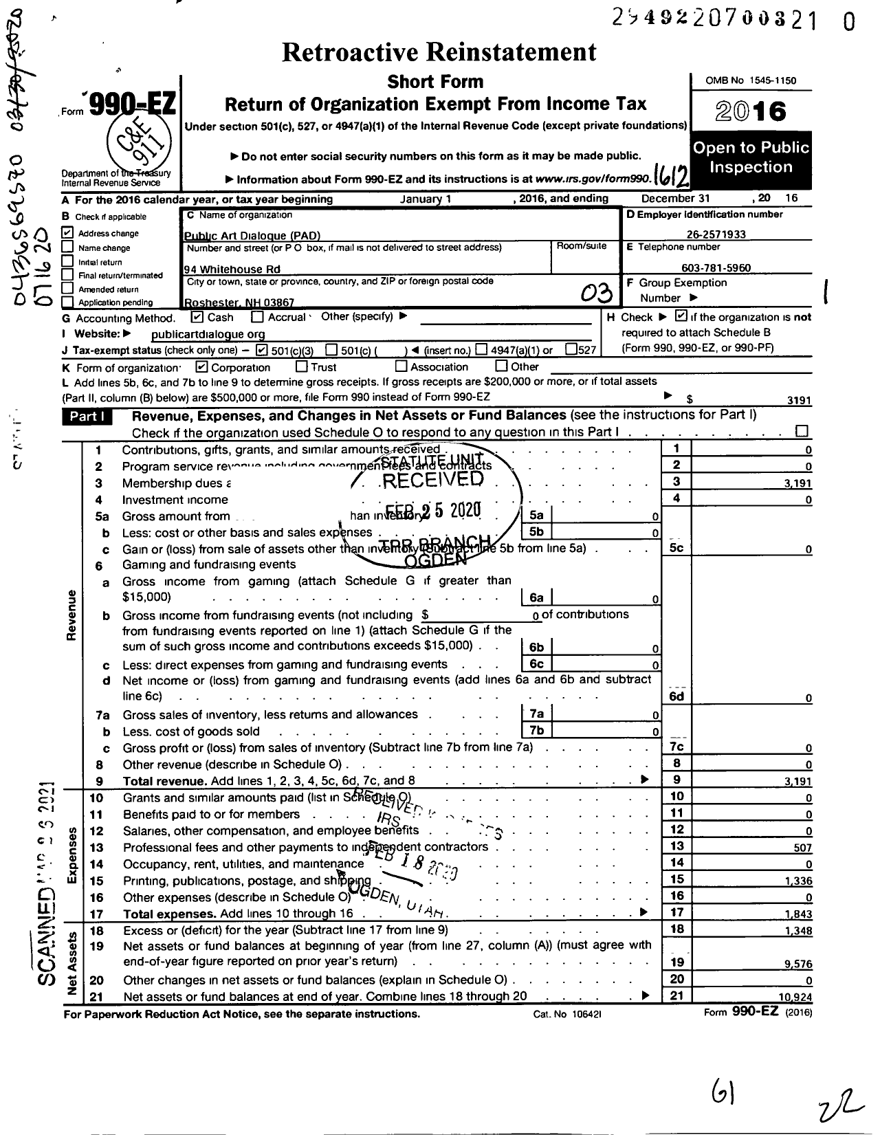 Image of first page of 2016 Form 990EZ for Public Art Dialogue