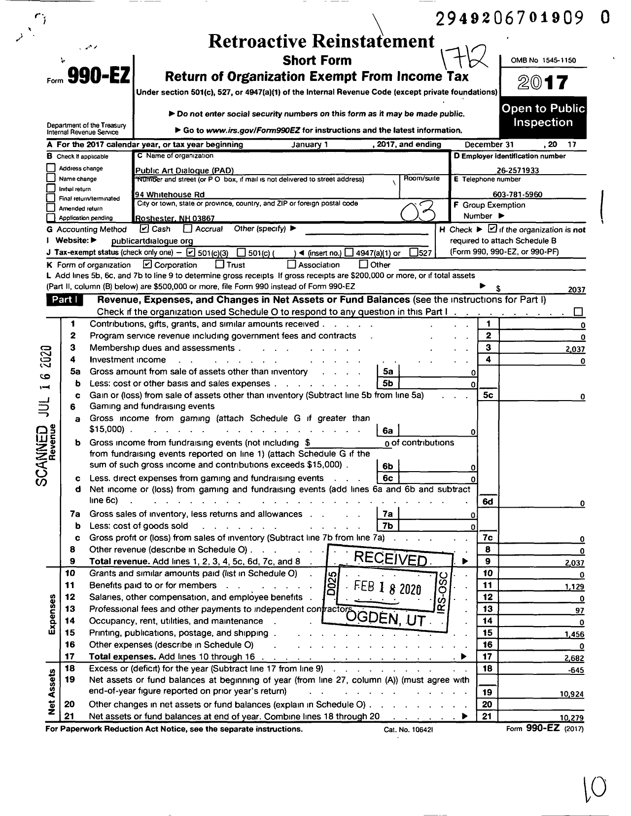 Image of first page of 2017 Form 990EZ for Public Art Dialogue