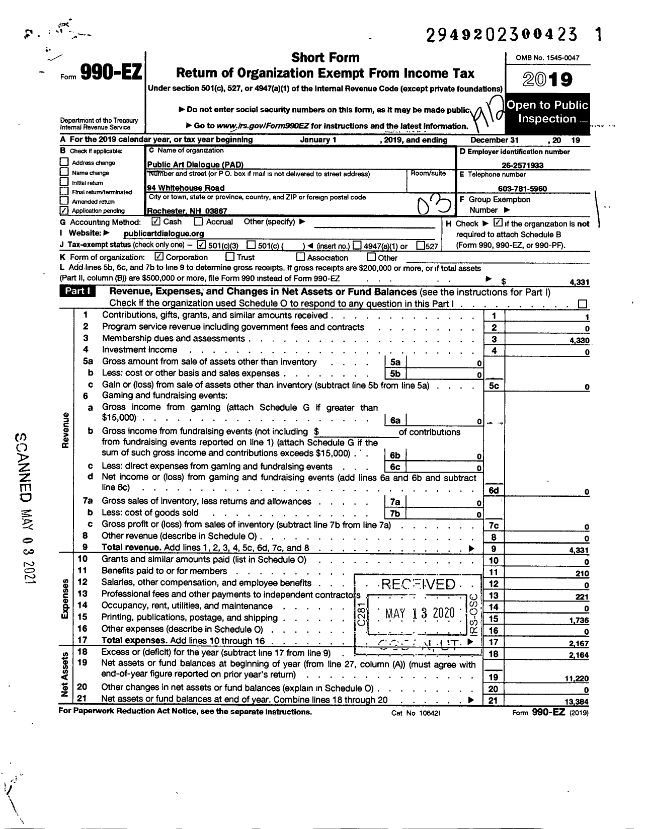 Image of first page of 2019 Form 990EZ for Public Art Dialogue