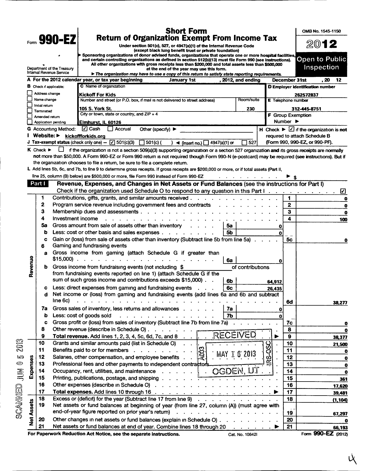 Image of first page of 2012 Form 990EZ for Kick Off for Kids (KOK)