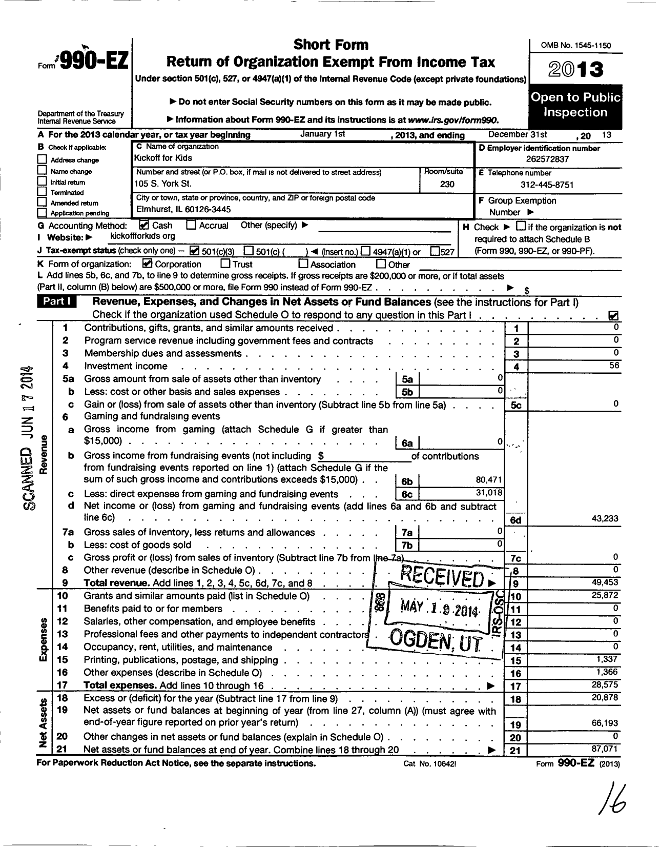 Image of first page of 2013 Form 990EZ for Kick Off for Kids (KOK)