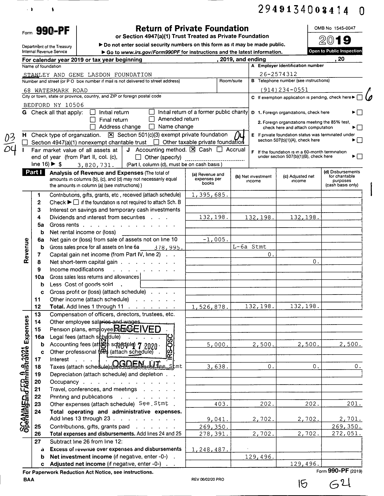 Image of first page of 2019 Form 990PF for Stanley and Gene Lasdon Foundation