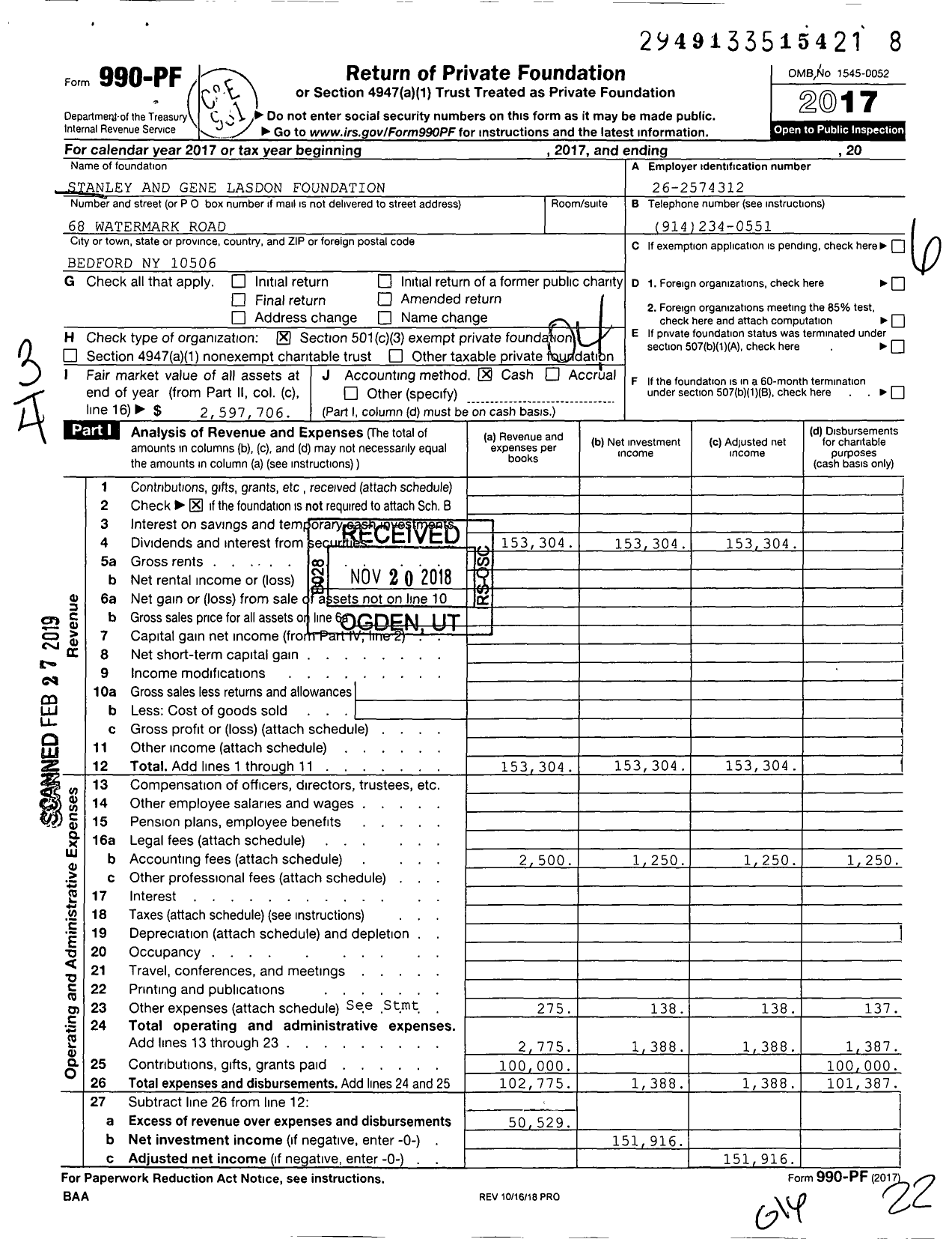 Image of first page of 2017 Form 990PF for Stanley and Gene Lasdon Foundation