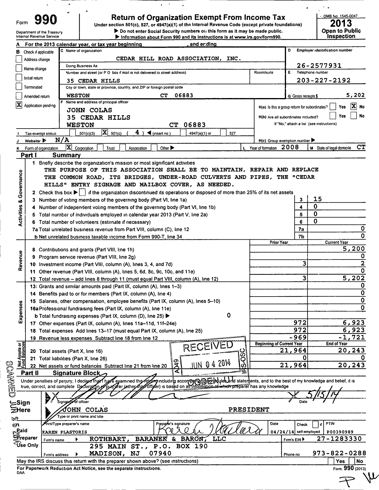Image of first page of 2013 Form 990O for Cedar Hills Road Association