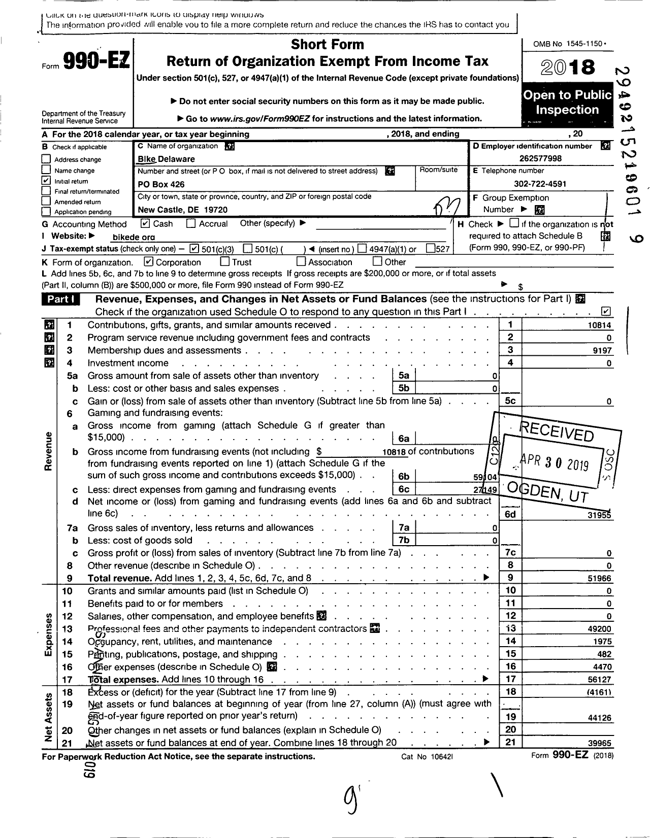 Image of first page of 2018 Form 990EZ for Bike Delaware