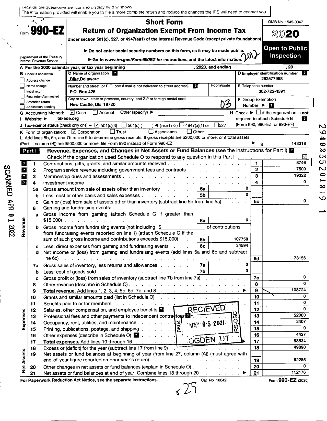 Image of first page of 2020 Form 990EZ for Bike Delaware