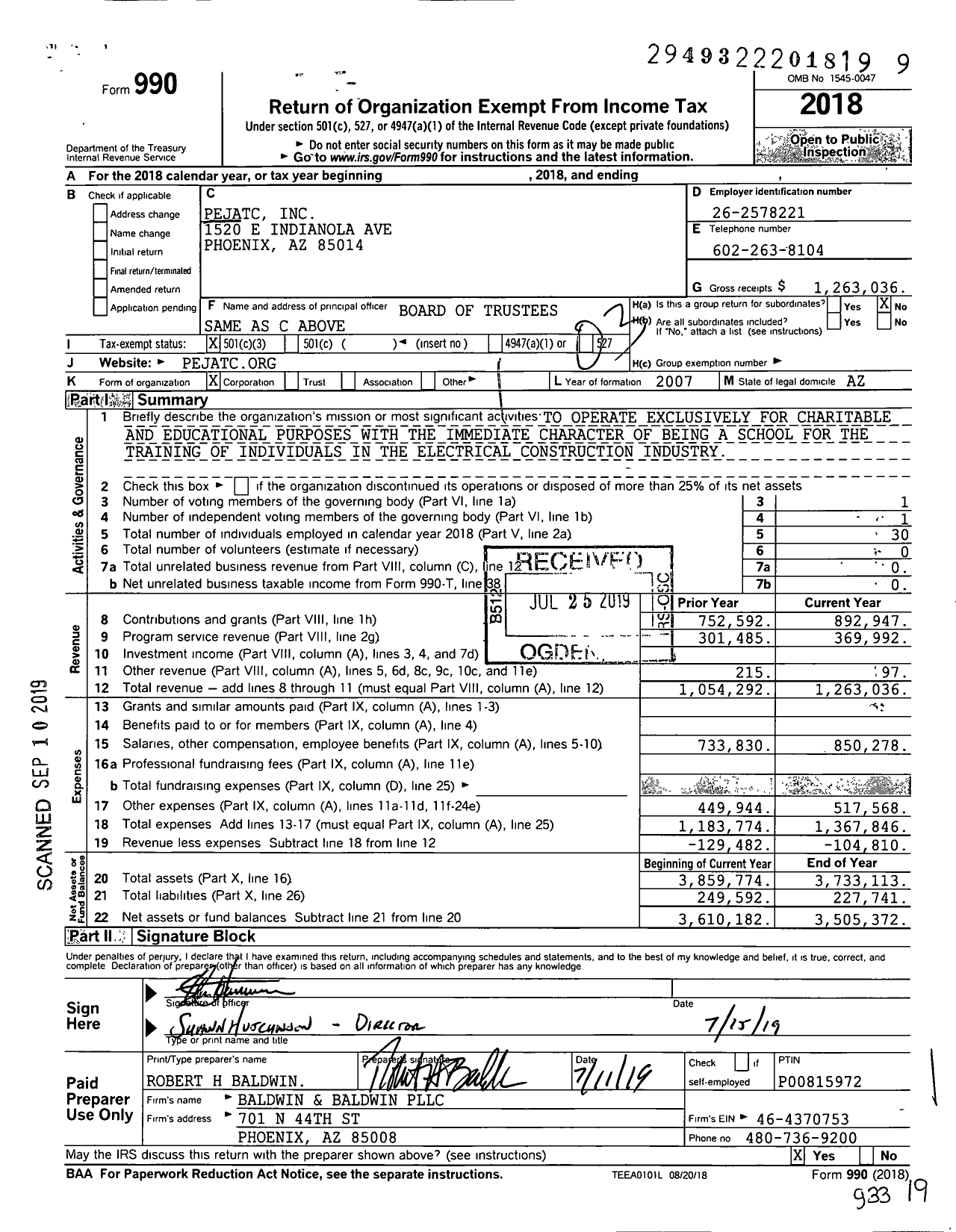 Image of first page of 2018 Form 990 for Pejatc