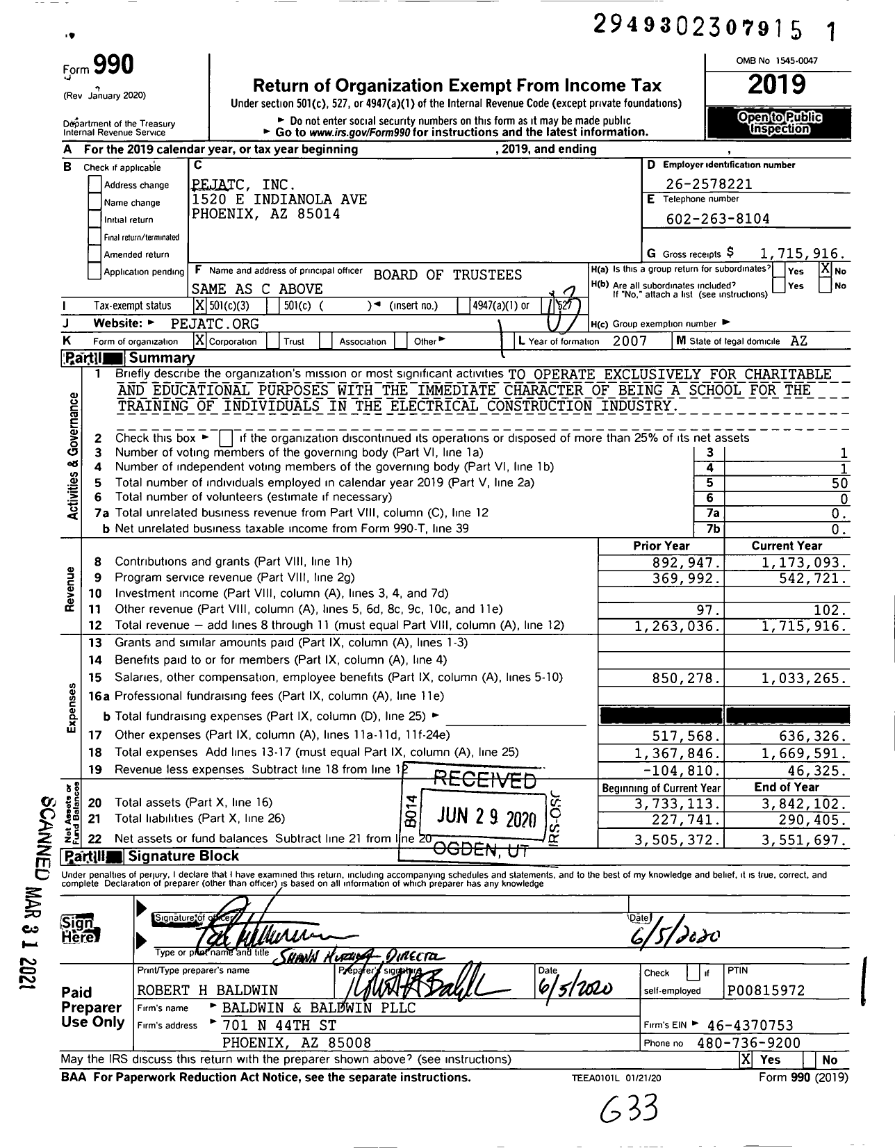 Image of first page of 2019 Form 990 for Pejatc