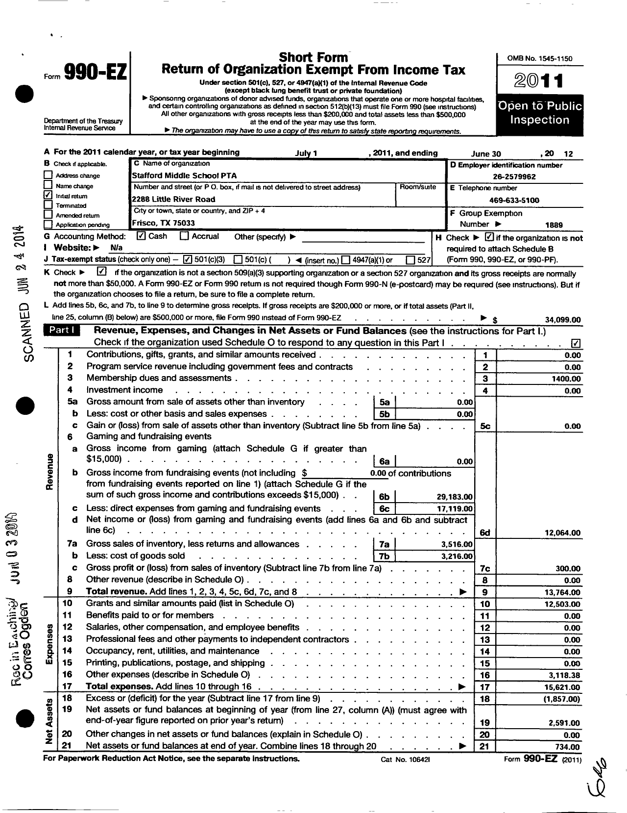 Image of first page of 2011 Form 990EZ for Texas PTA - Stafford Middle School PTA