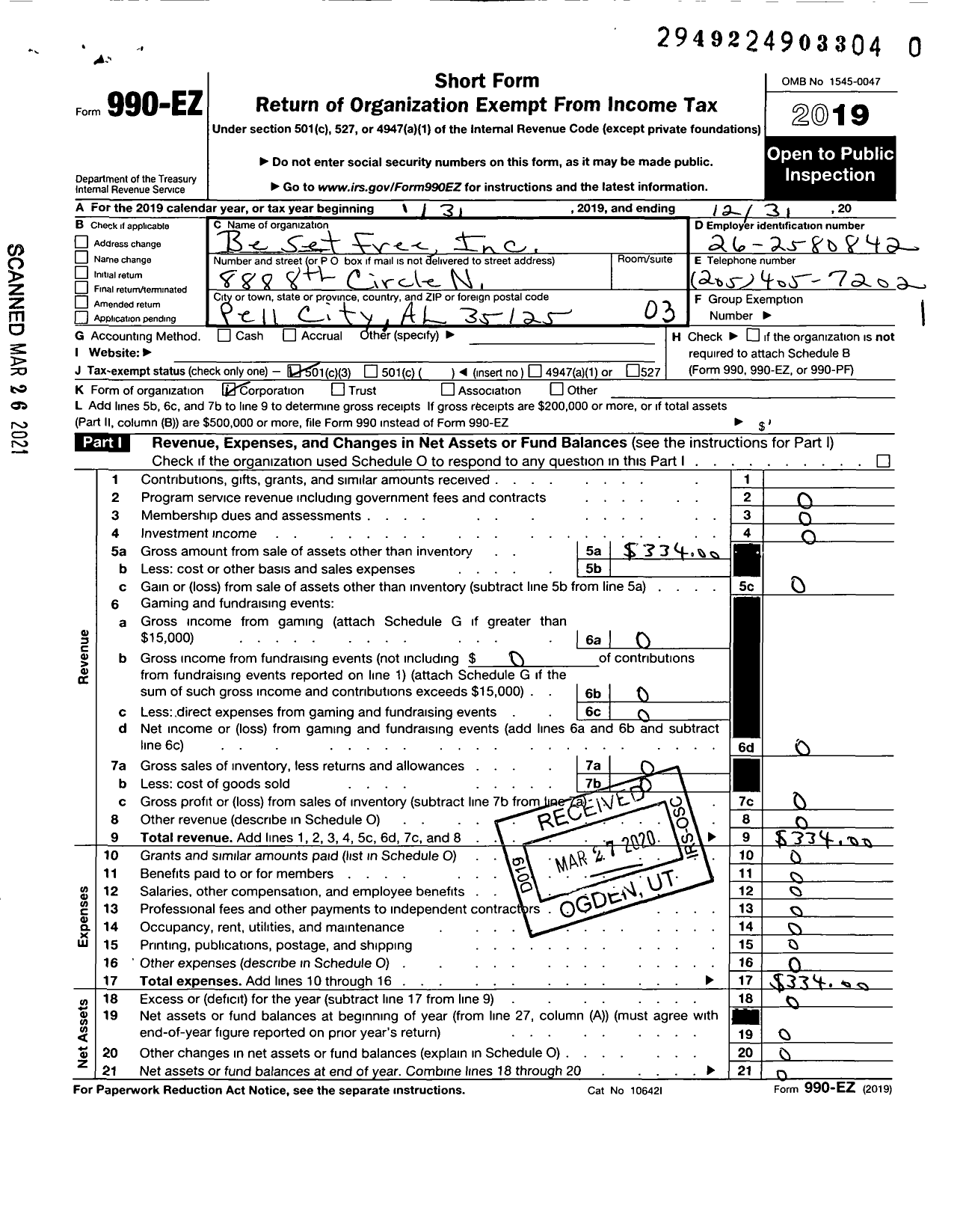 Image of first page of 2019 Form 990EZ for Be Set Free